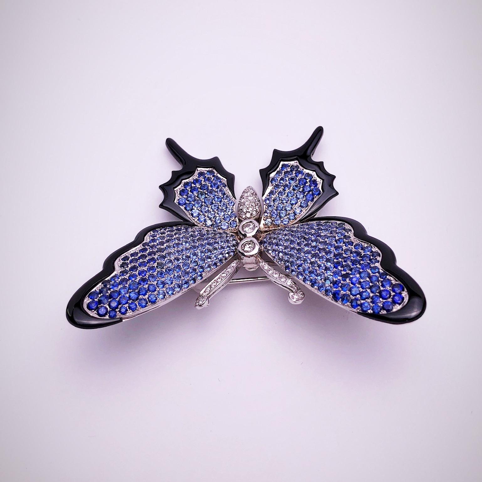 Contemporary Stenzhorn 18kt Gold, Blue Sapphire and Diamond Butterfly Brooch with Black Onyx For Sale