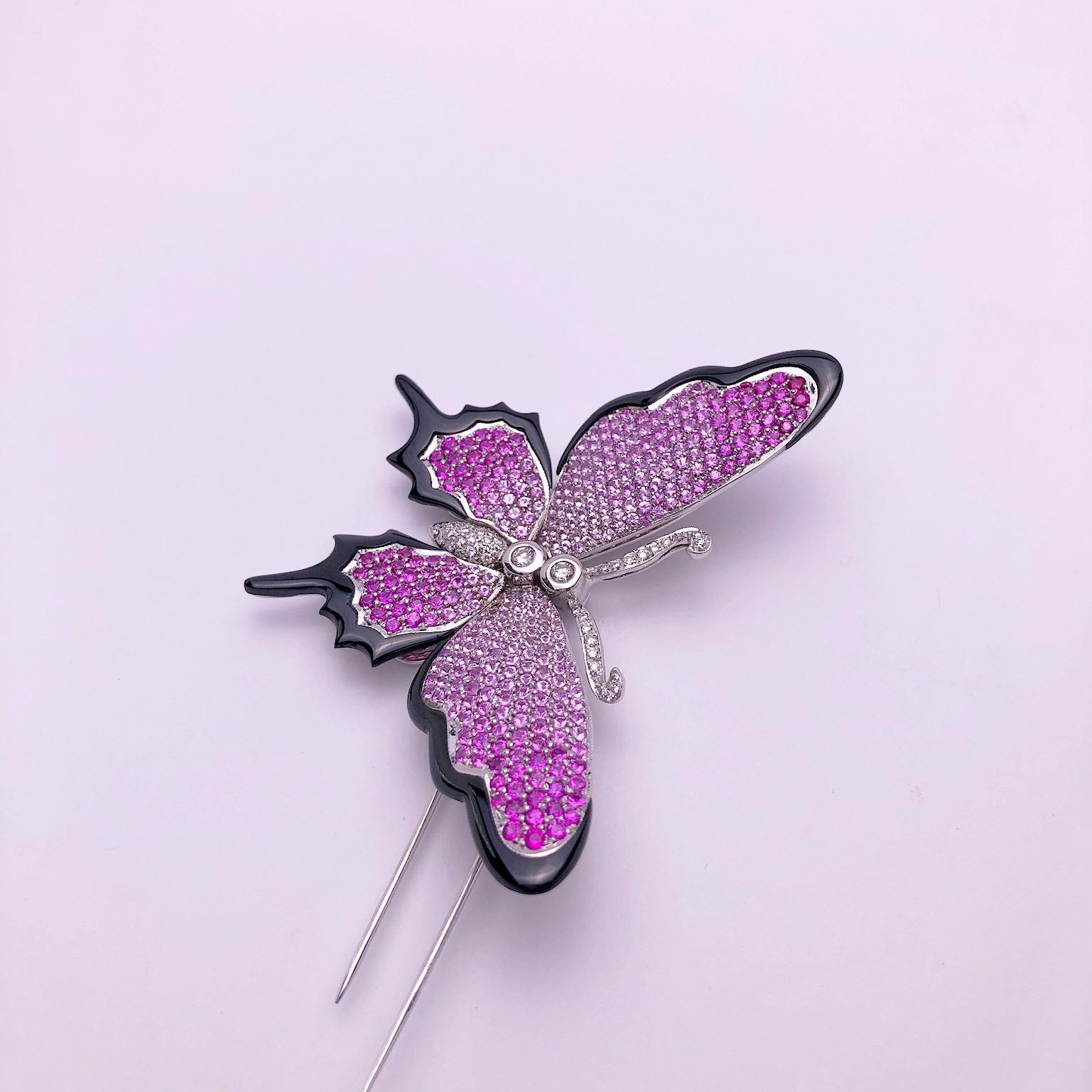 Stenzhorn Schmetterlingsbrosche, 18KT WG, schwarzer Onyx, 10,30 Karat rosa Saphir & Diamant (Zeitgenössisch) im Angebot