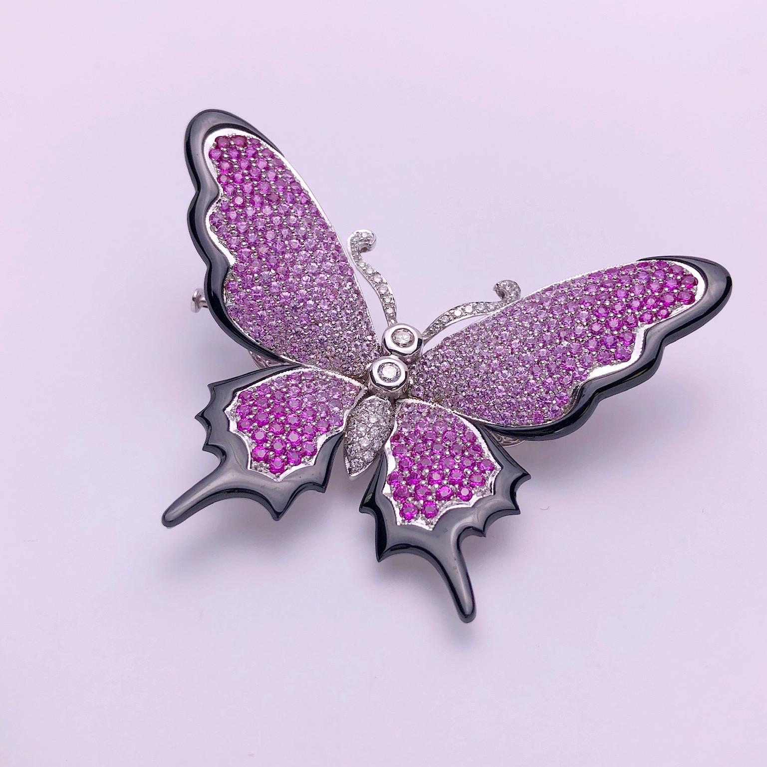 Stenzhorn Schmetterlingsbrosche, 18KT WG, schwarzer Onyx, 10,30 Karat rosa Saphir & Diamant für Damen oder Herren im Angebot