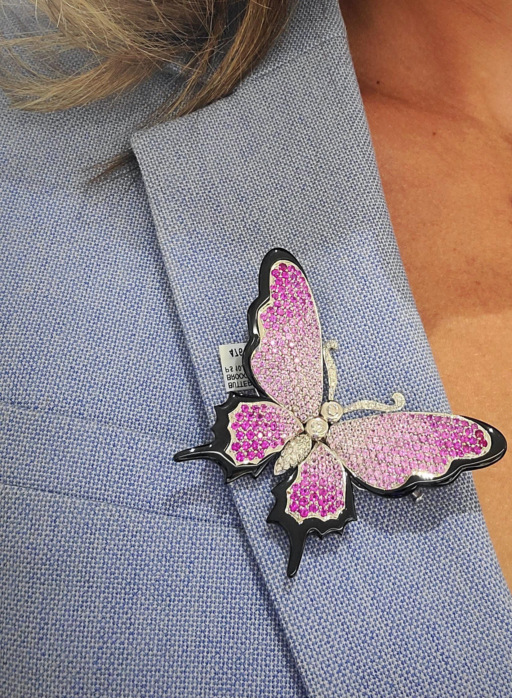 Stenzhorn 18KT WG, Black Onyx, 10.30Ct.Pink Sapphire & Diamond Butterfly Brooch In New Condition For Sale In New York, NY