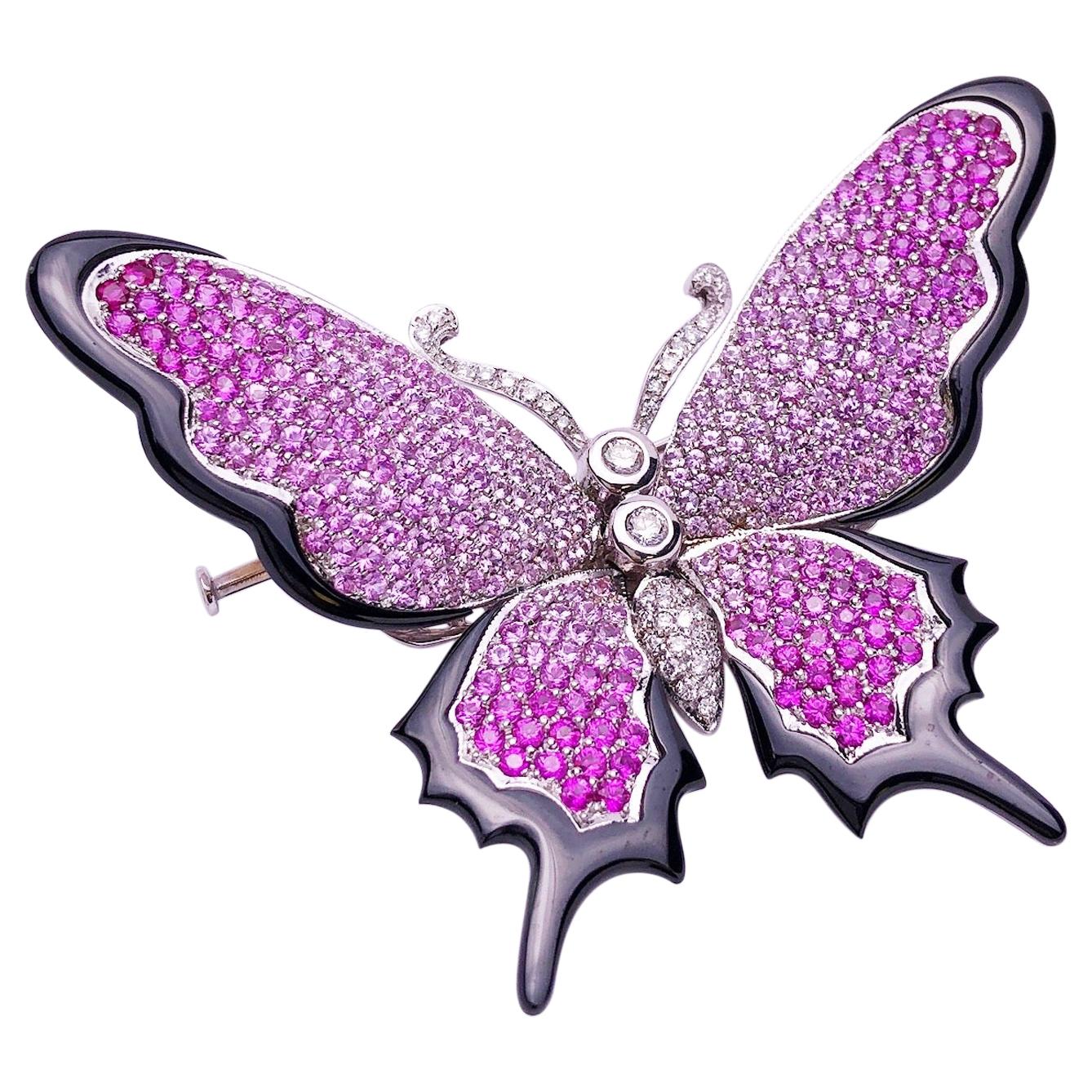 Stenzhorn Broche papillon en onyx noir 18 carats, saphir rose 10,30 carats et diamants