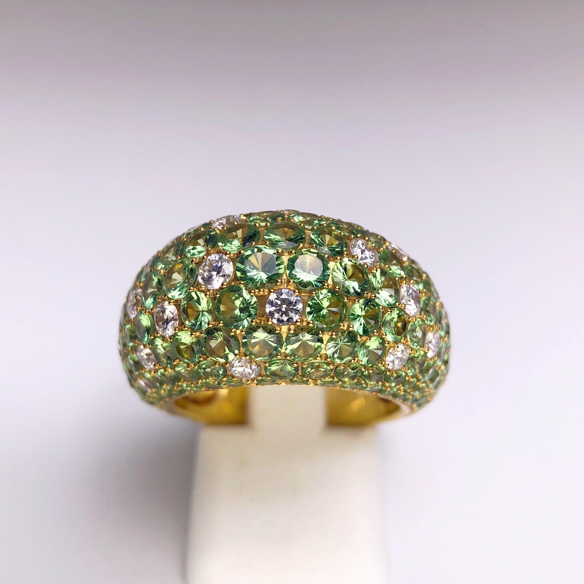 Modern Stenzhorn 18 Karat Gold Dome Ring with 8.20 Carat Tsavorites and .90Ct. Diamonds For Sale