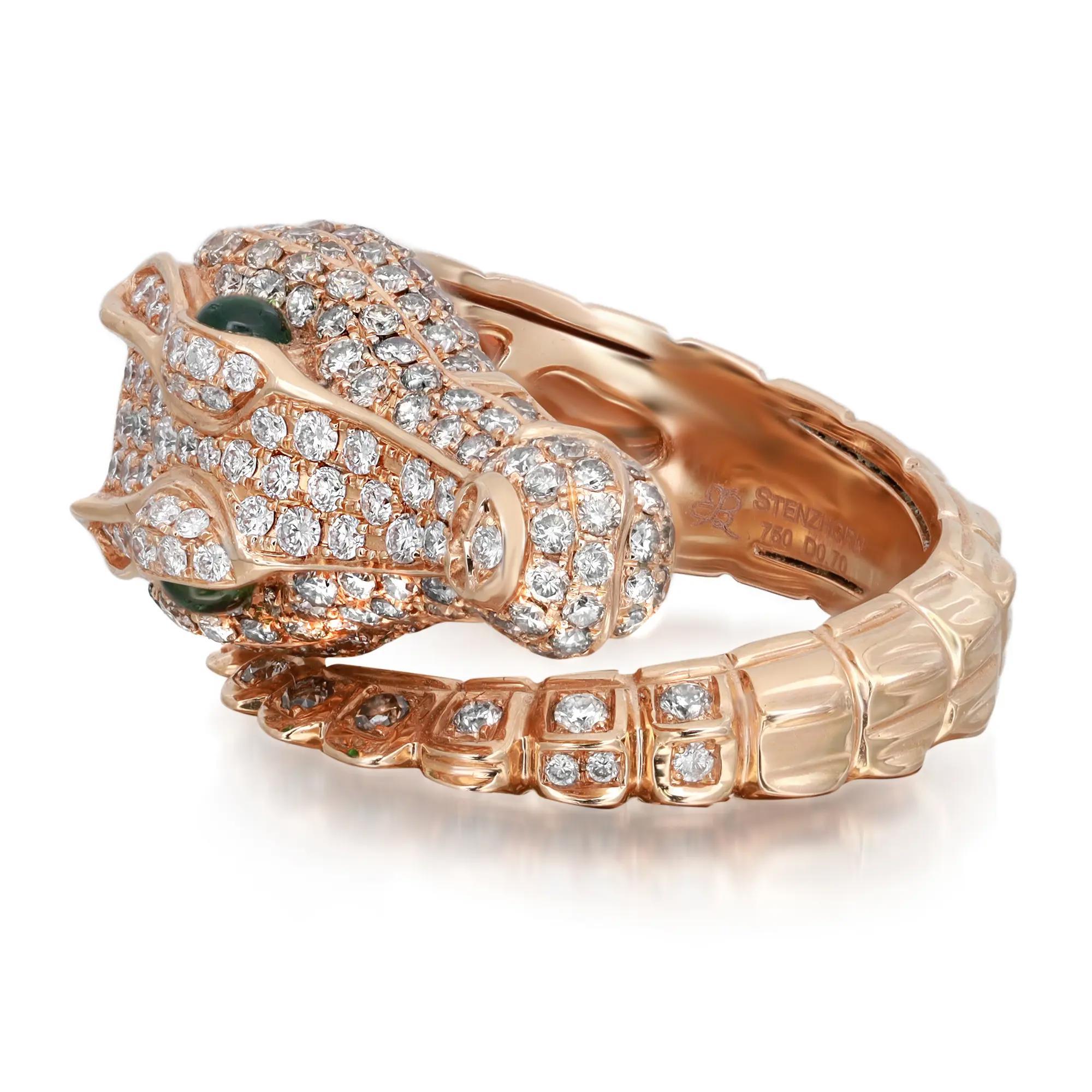 Dieser phantasievolle Stenzhorn-Ring in Form eines Alligators, der sich von Kopf bis Schwanz um den Finger wickelt, ist aus 18 Karat Roségold gefertigt. Der Ring ist mit runden Diamanten mit einem Gewicht von 2,00 Karat besetzt. Die Augen sind mit