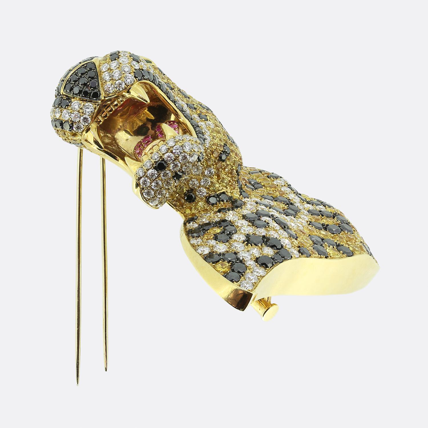 Round Cut Stenzhorn Sapphire and Diamond Leopard Pendant Brooch