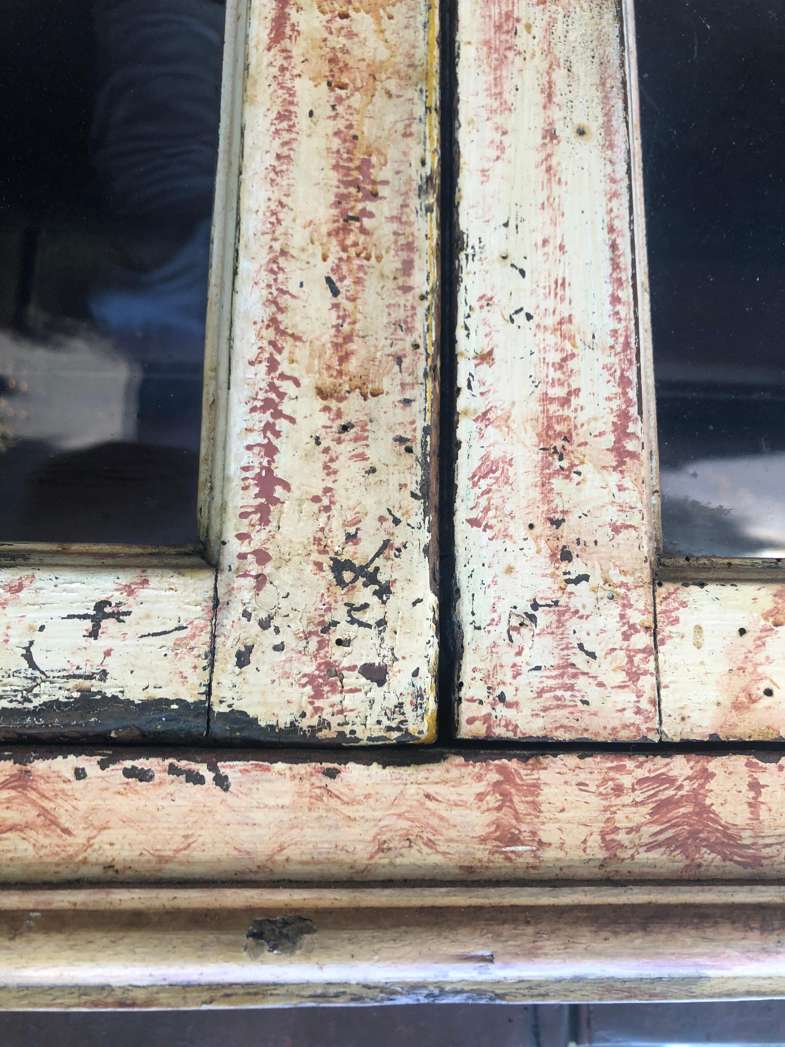 Step Back Flat Wall Cupboard Original Painted Grained Surface Bucks County In Distressed Condition For Sale In Allentown, PA