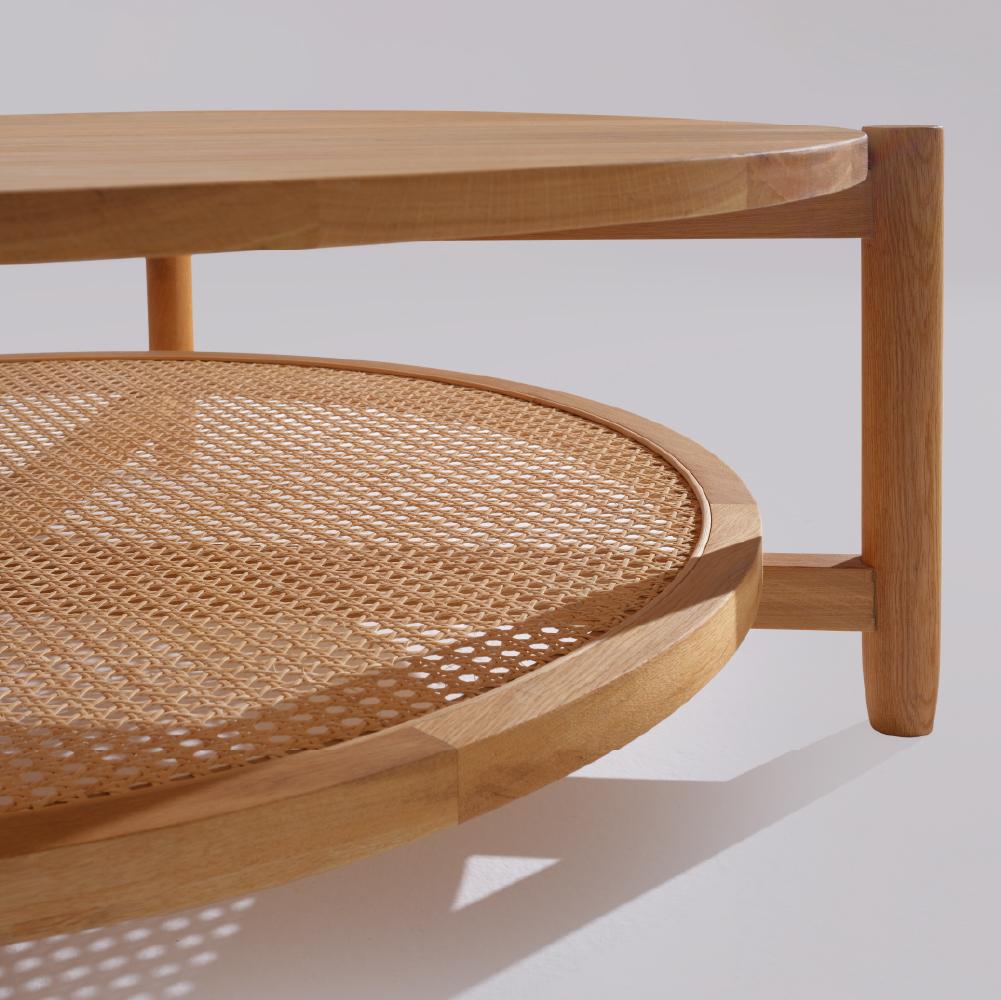 The Step solid wood coffee table offers a spacious surface area for a variety of uses. Its lower hazeran shelf provides excellent storage for magazines, newspapers, and other items. Made entirely from solid oak with hazeran details, the Step coffee
