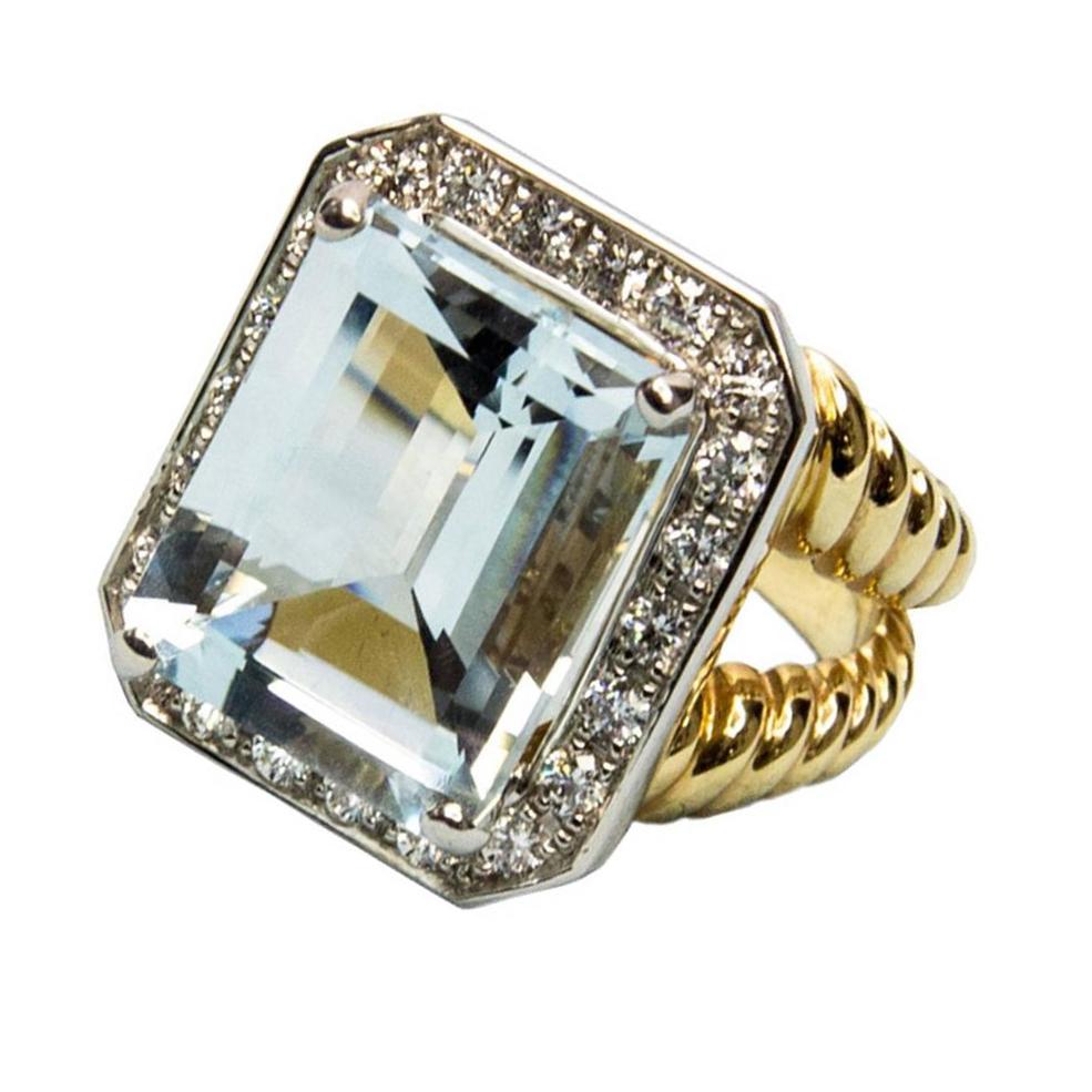 Women's Step-Cut Aquamarine and Diamond Gold Cocktail Ring Estate Fine Jewelry