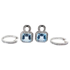 Step Cut Baby Blue Aquamarine and Diamond Drop Earrings, Also Hoop Earrings