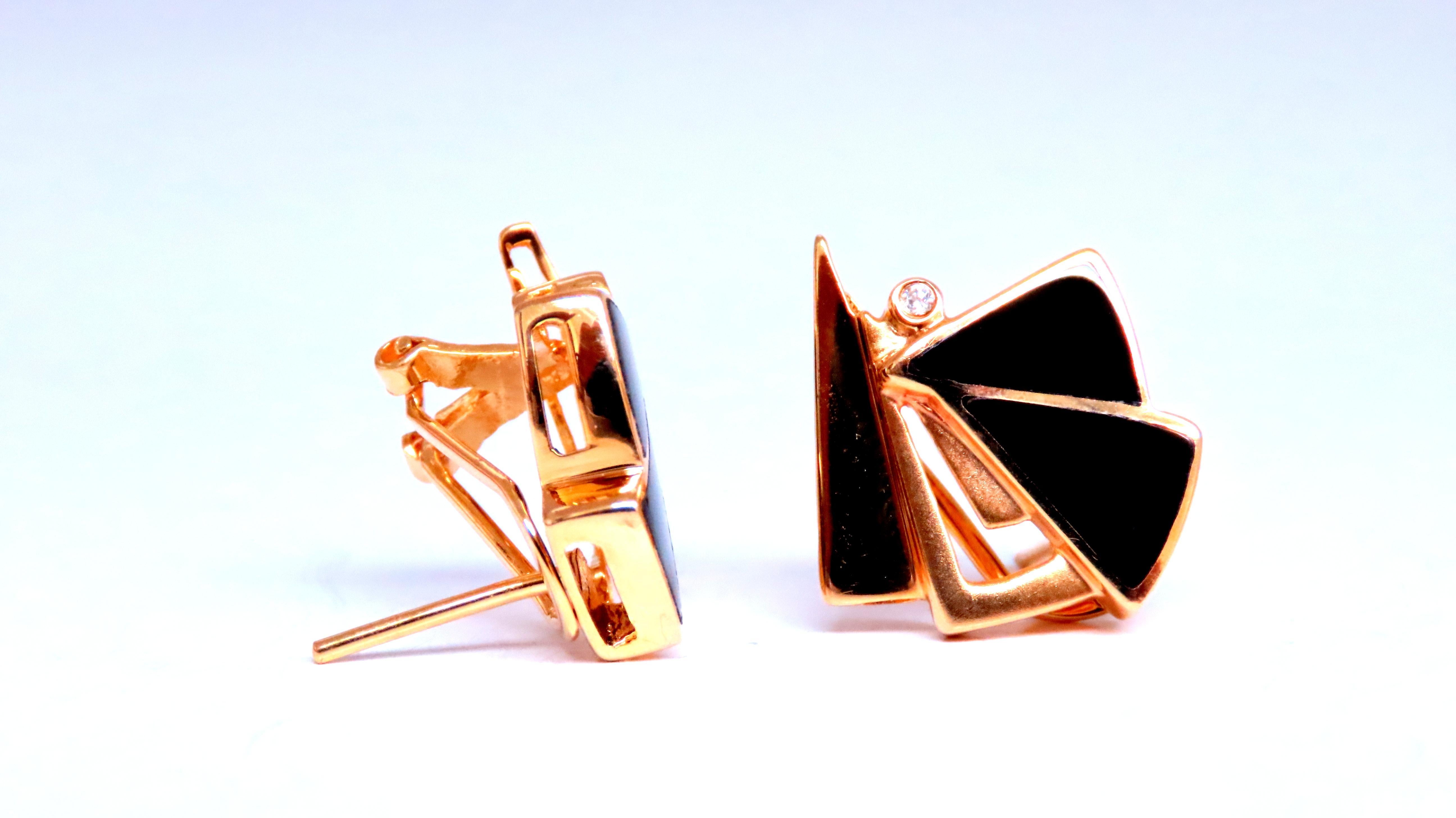 0.04ct natural round diamond earrings 
step tier art deco and carved onyx 
14kt yellow gold 5.7 grams 
0.70 x 0.70 inch
comfortable omega clips