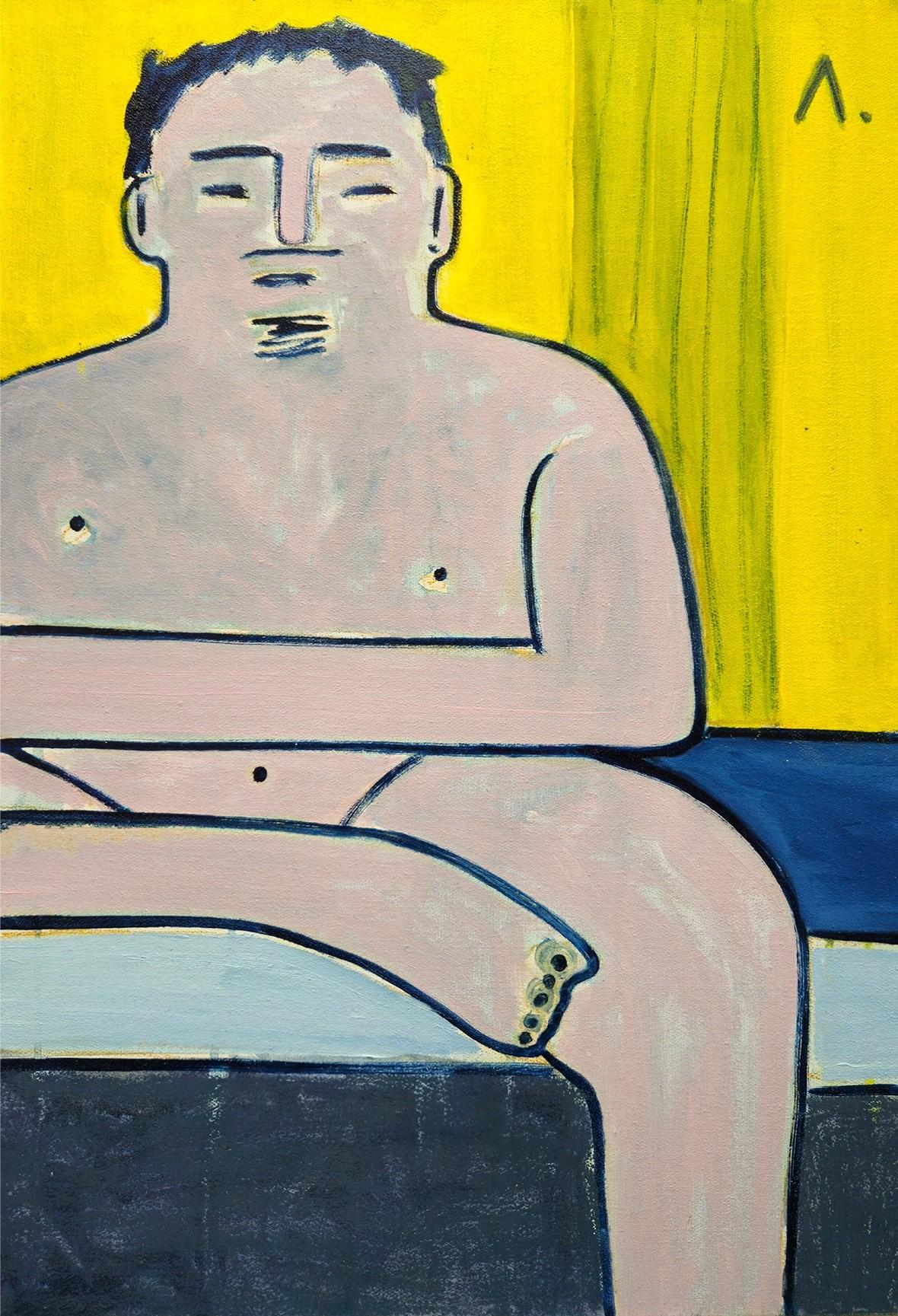 Selbstporträt in Bett auf Leinwand, Öl, Acryl 40x60cm – Painting von Stepan Lysenko