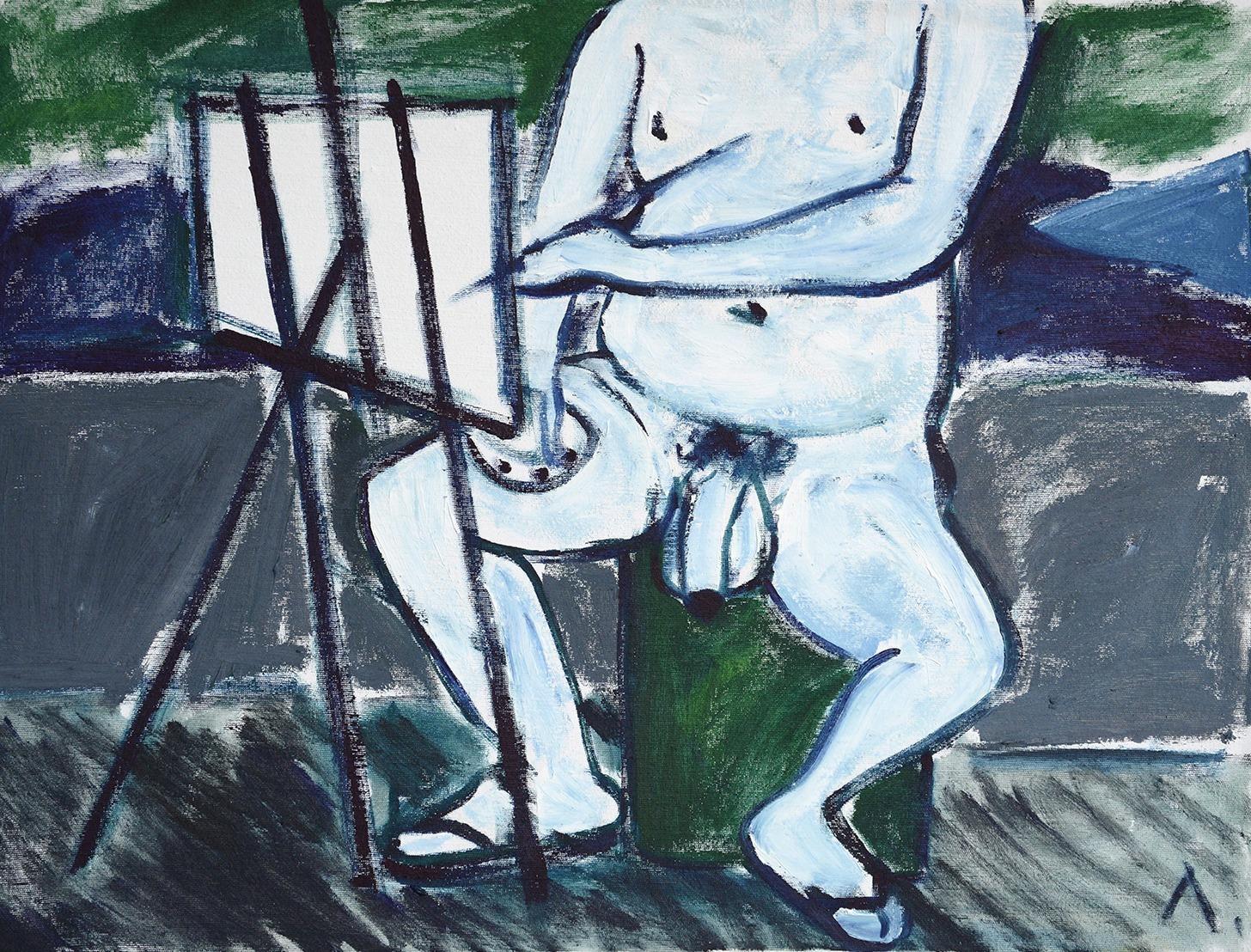 Selbstporträt in Flip-flops, 40 x 60 cm, Öl auf Leinwand – Art von Stepan Lysenko