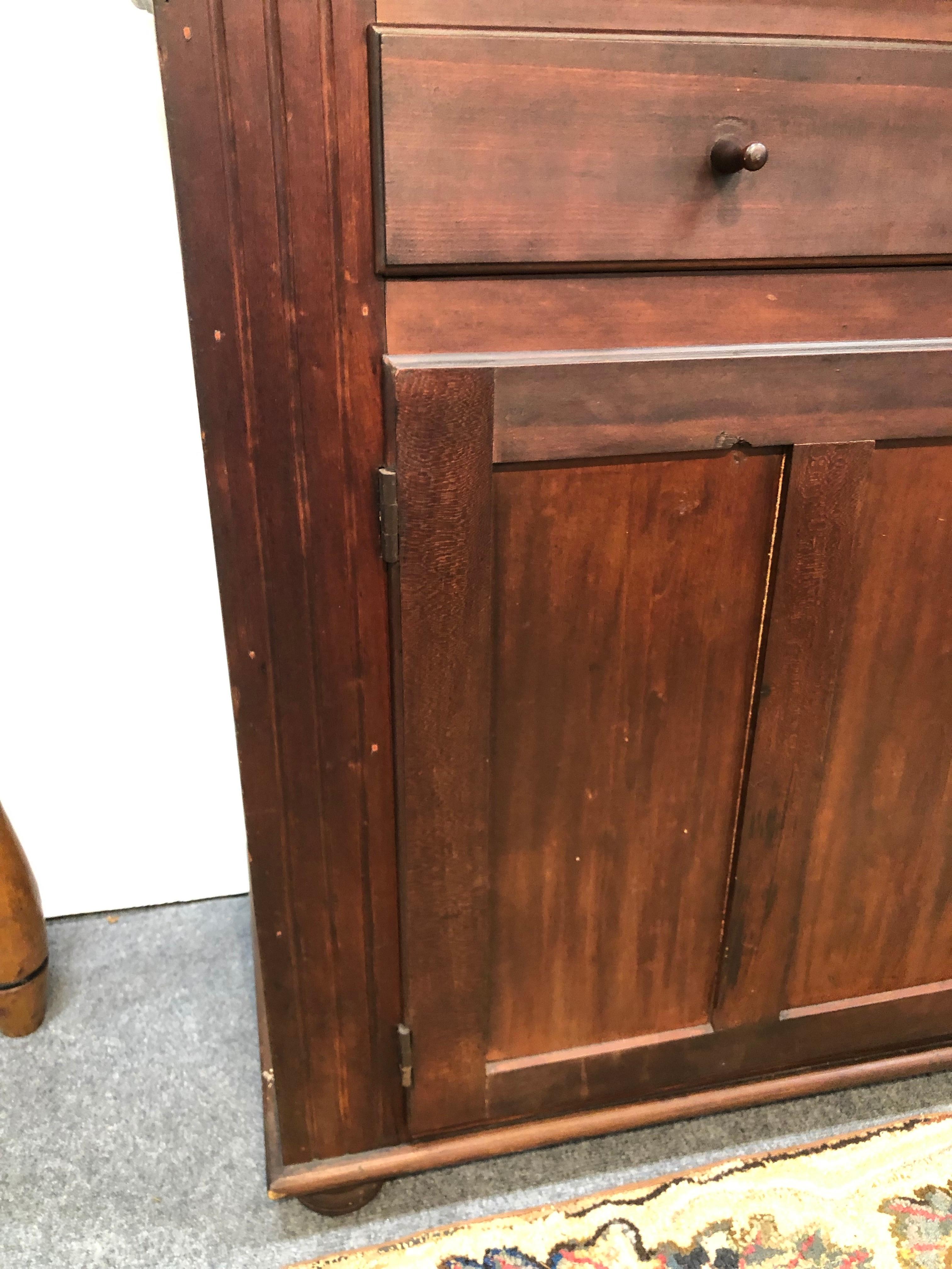 American Colonial Stepback Two-Piece Glass Door Flat Wall Cupboard Cherry circa 1810 American For Sale