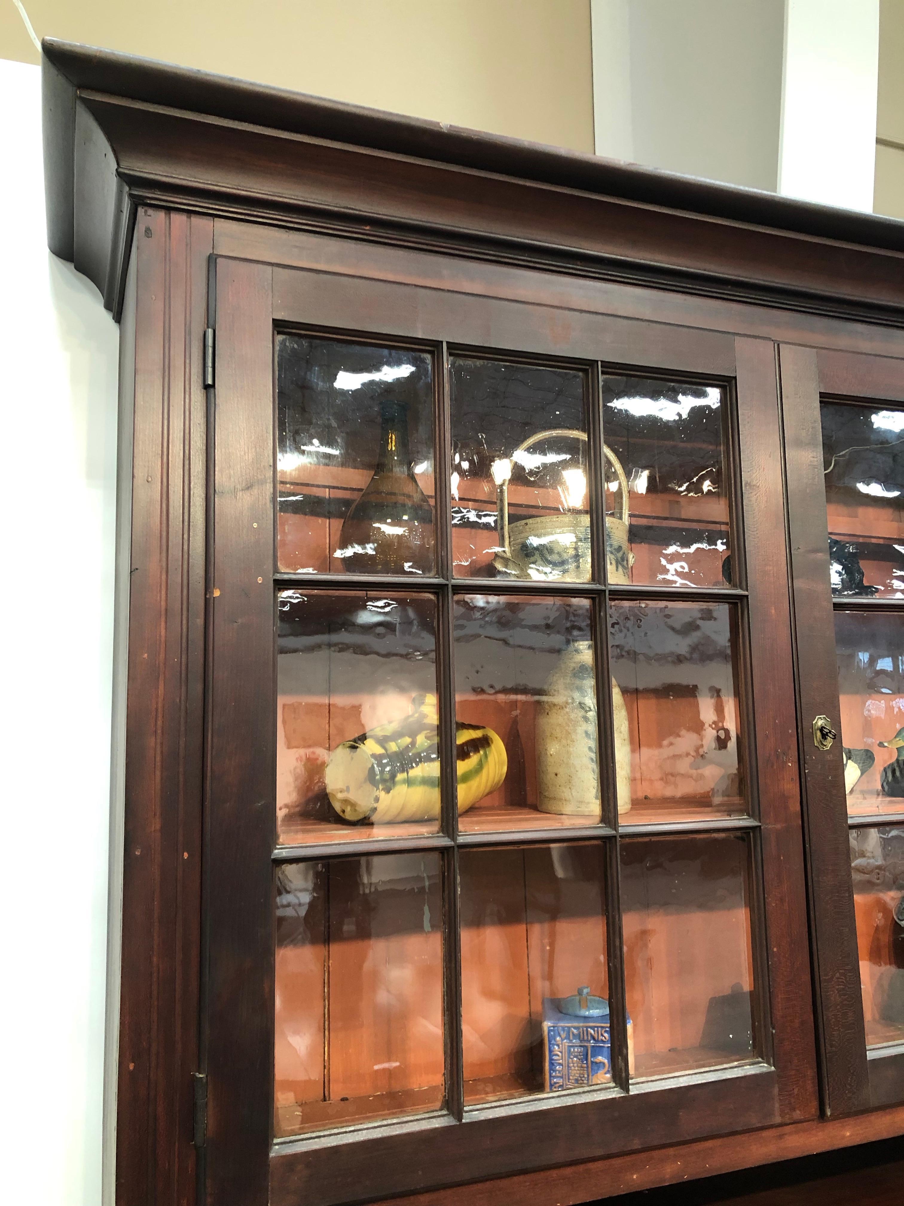Stepback Two-Piece Glass Door Flat Wall Cupboard Cherry circa 1810 American In Good Condition For Sale In Allentown, PA