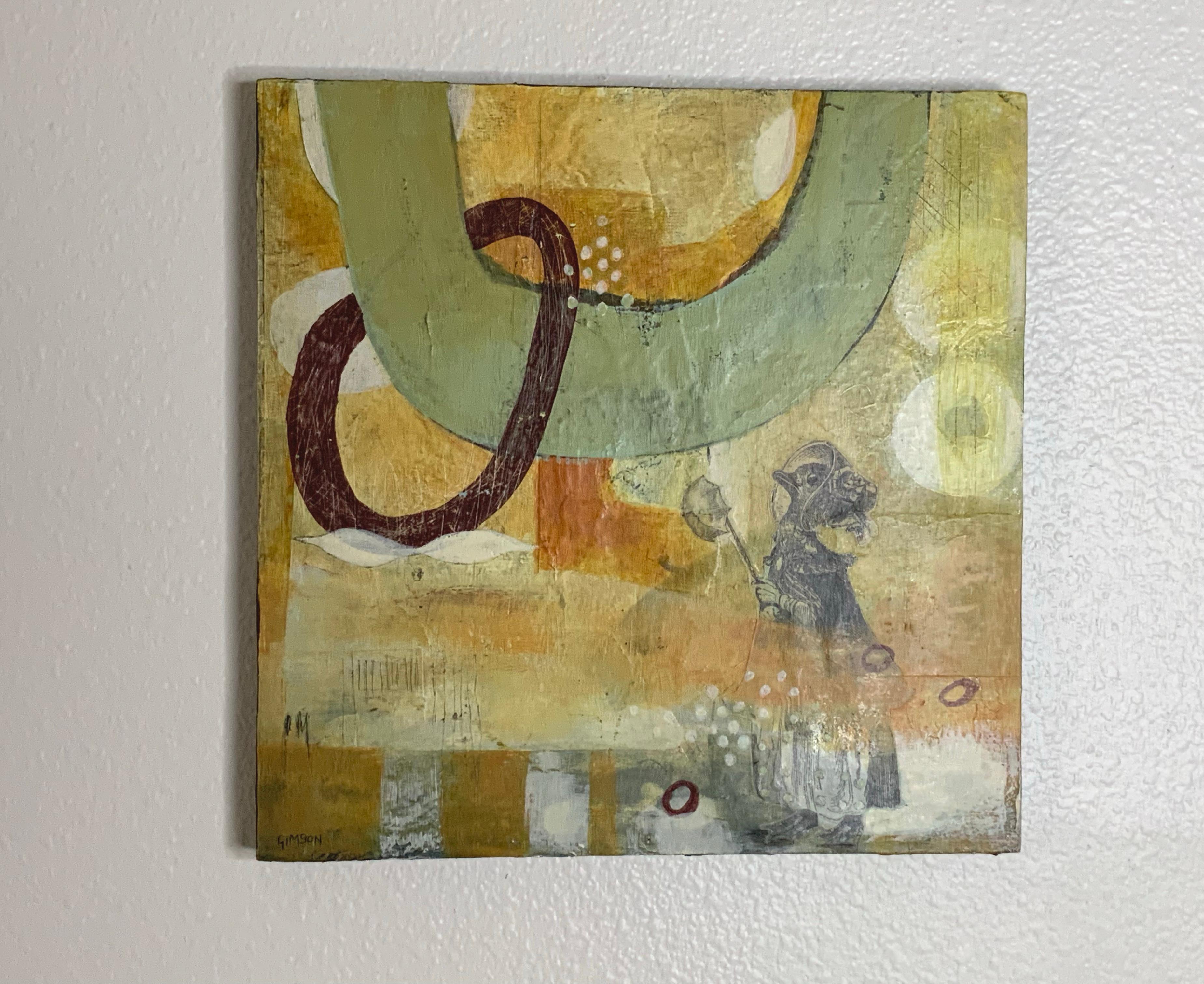 <p>Artist Comments<br>Artist Steph Gimson displays a charming duck wearing a prairie bonnet. She paints giant chains linking to each other in the abstract background. Circular patterns of different shapes and sizes scatter the composition. Part of