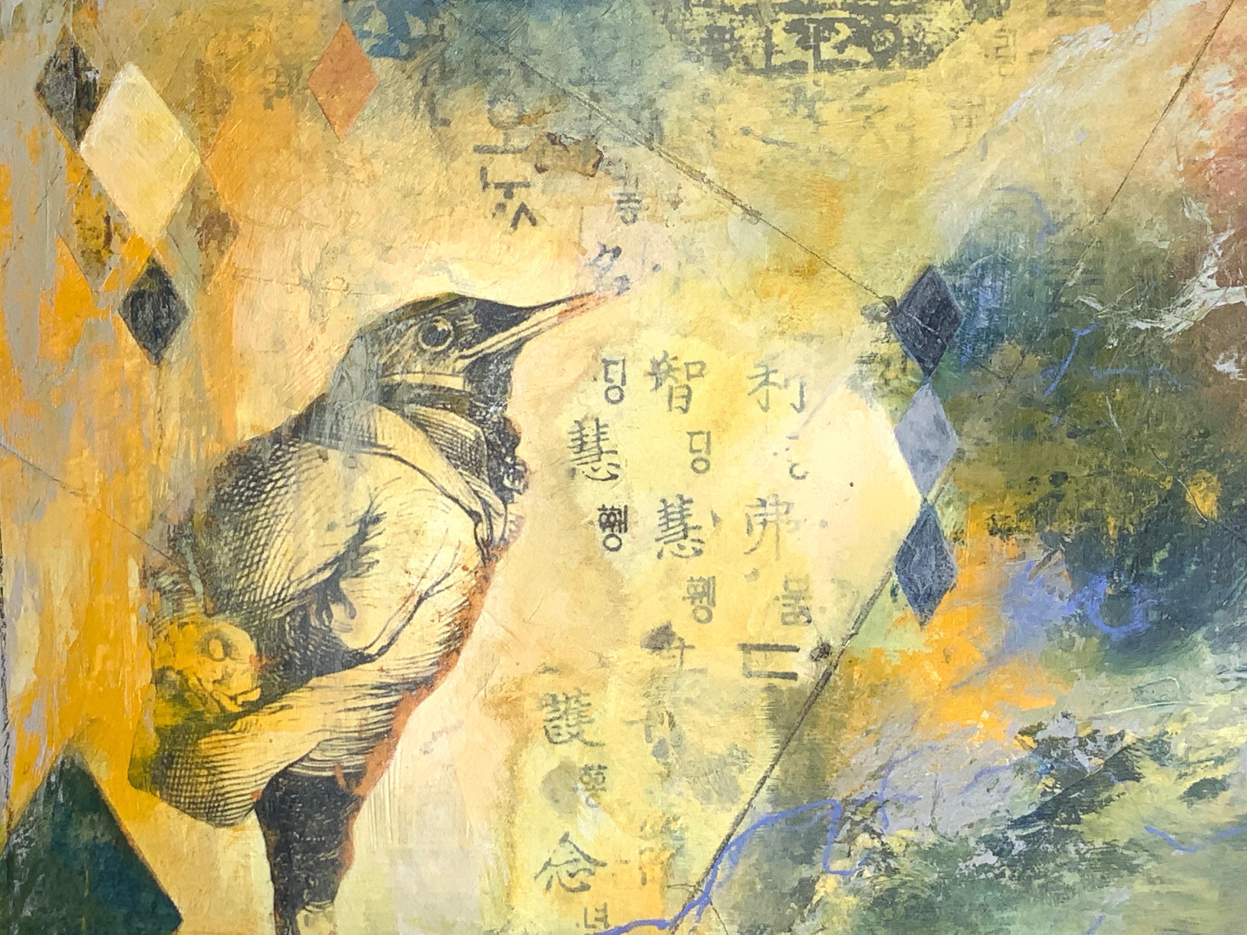 <p>Artist Comments<br>Artist Steph Gimson sets a small bird in a coat staring into the abyss. She collages pages of old Korean books to add points of interest to the yellow background. Part of her Whimsical collection that explores fantasy themes.