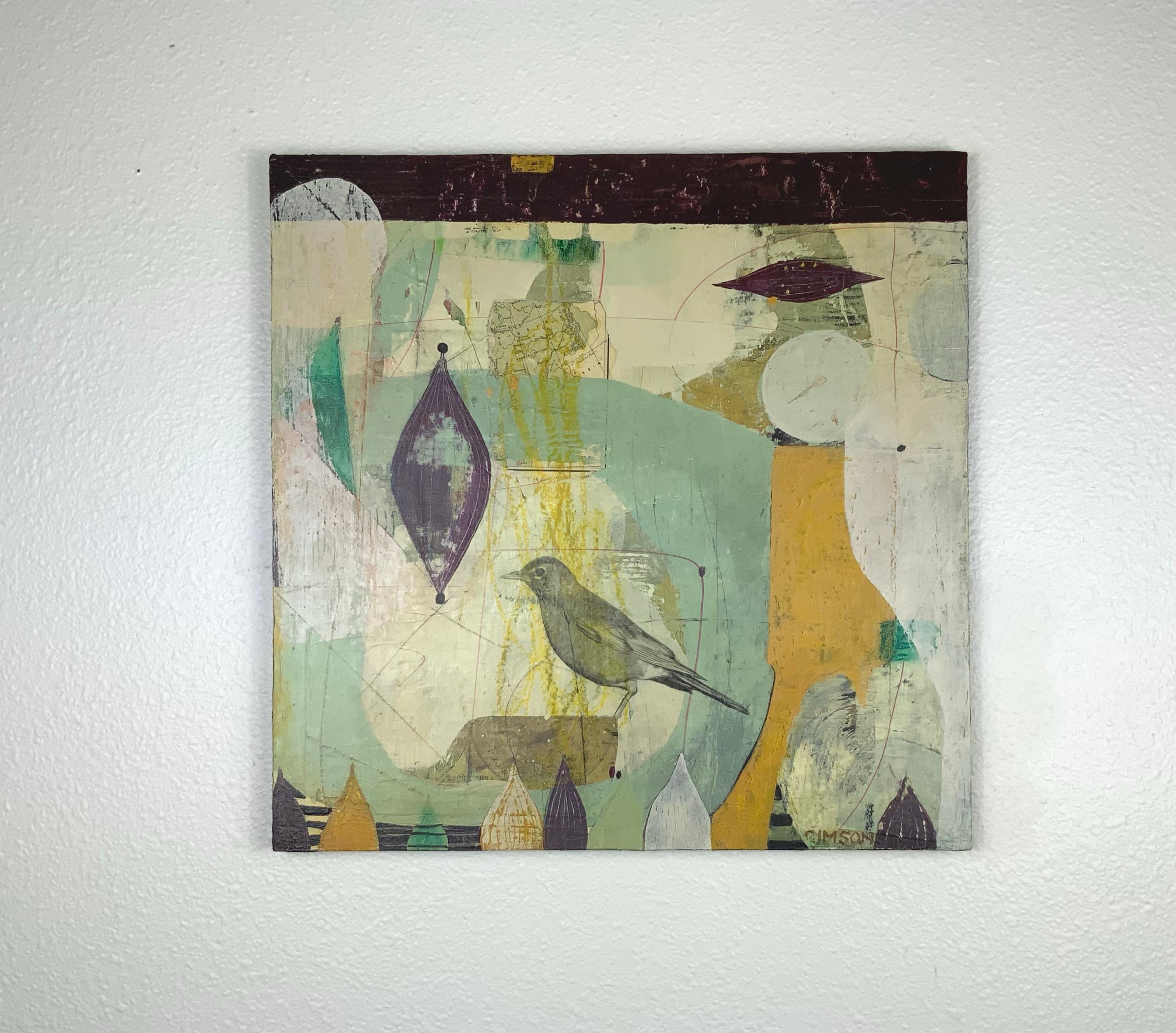 <p>Artist Comments<br>Artist Steph Gimson collages vintage prints and abstract structures to build captivating narratives. A bird perches in the center, ready to take flight. Steph attaches pieces of maps suggesting its next course of travel. Part