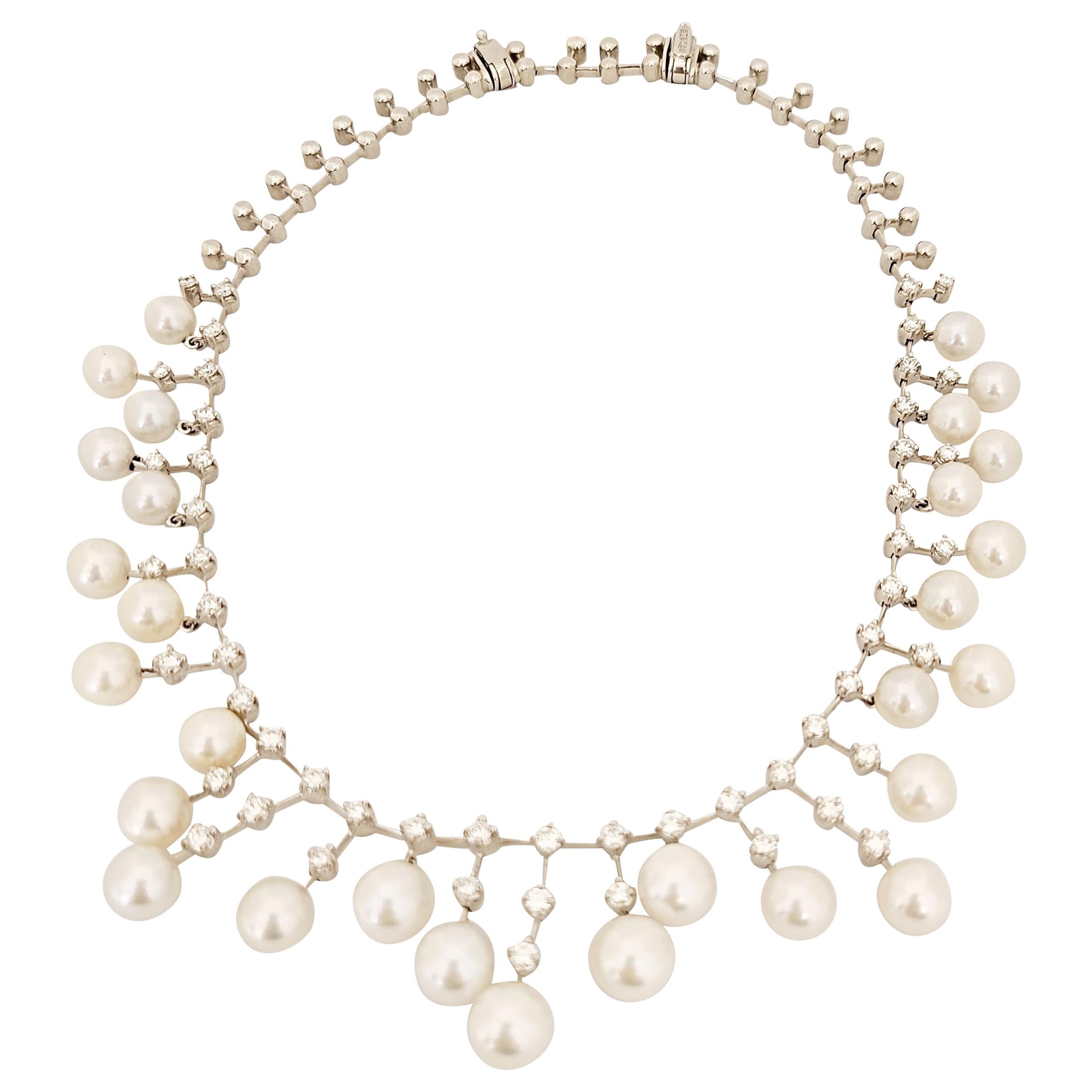 Stephan Hafner 18 Karat White Gold Necklace with 4.04 Carat Diamonds and Pearls For Sale