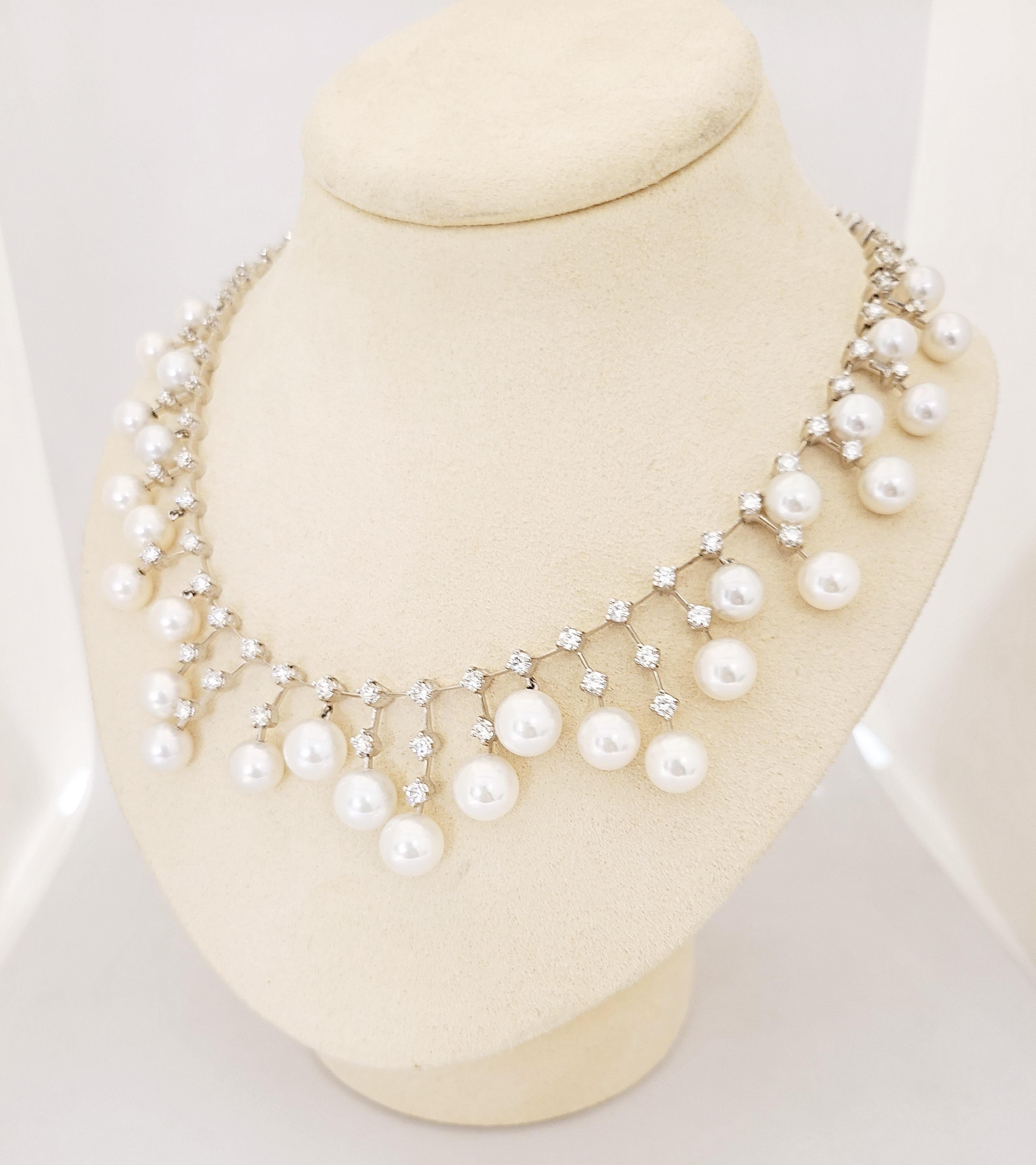 Modern Stephan Hafner 18 Karat White Gold Necklace with 4.04 Carat Diamonds and Pearls For Sale