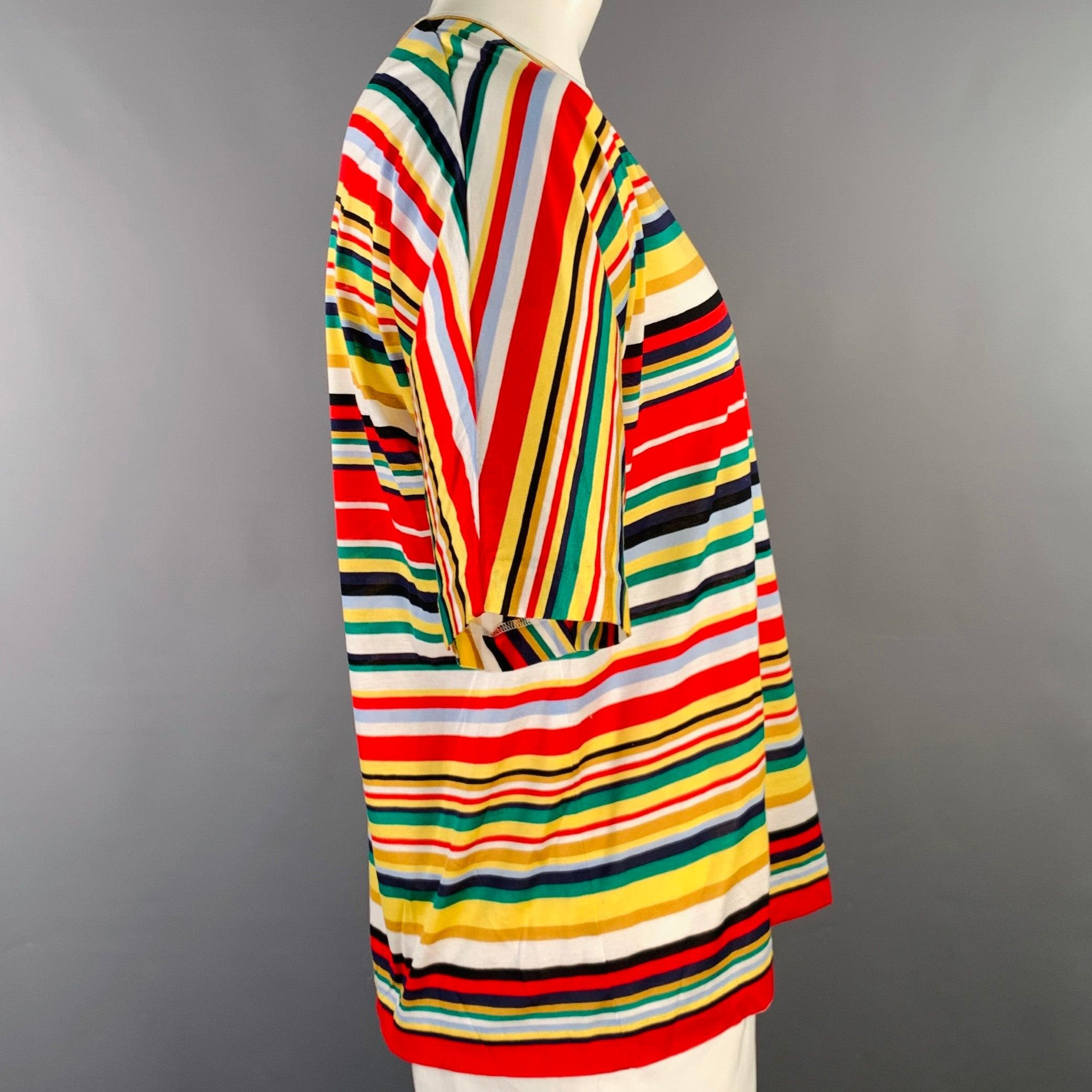 STEPHAN SCHNEIDER t-shirt
in a multi-color cotton jersey featuring a vibrant stripe pattern, relaxed dolman sleeves, and crew neck. Made in Belgium.Excellent Pre-Owned Condition. 

Marked:   7 

Measurements: 
 
Shoulder: 17.5 inches Chest: 50