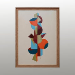 Colourful geometric abstract painting with orange, blue, green and brown