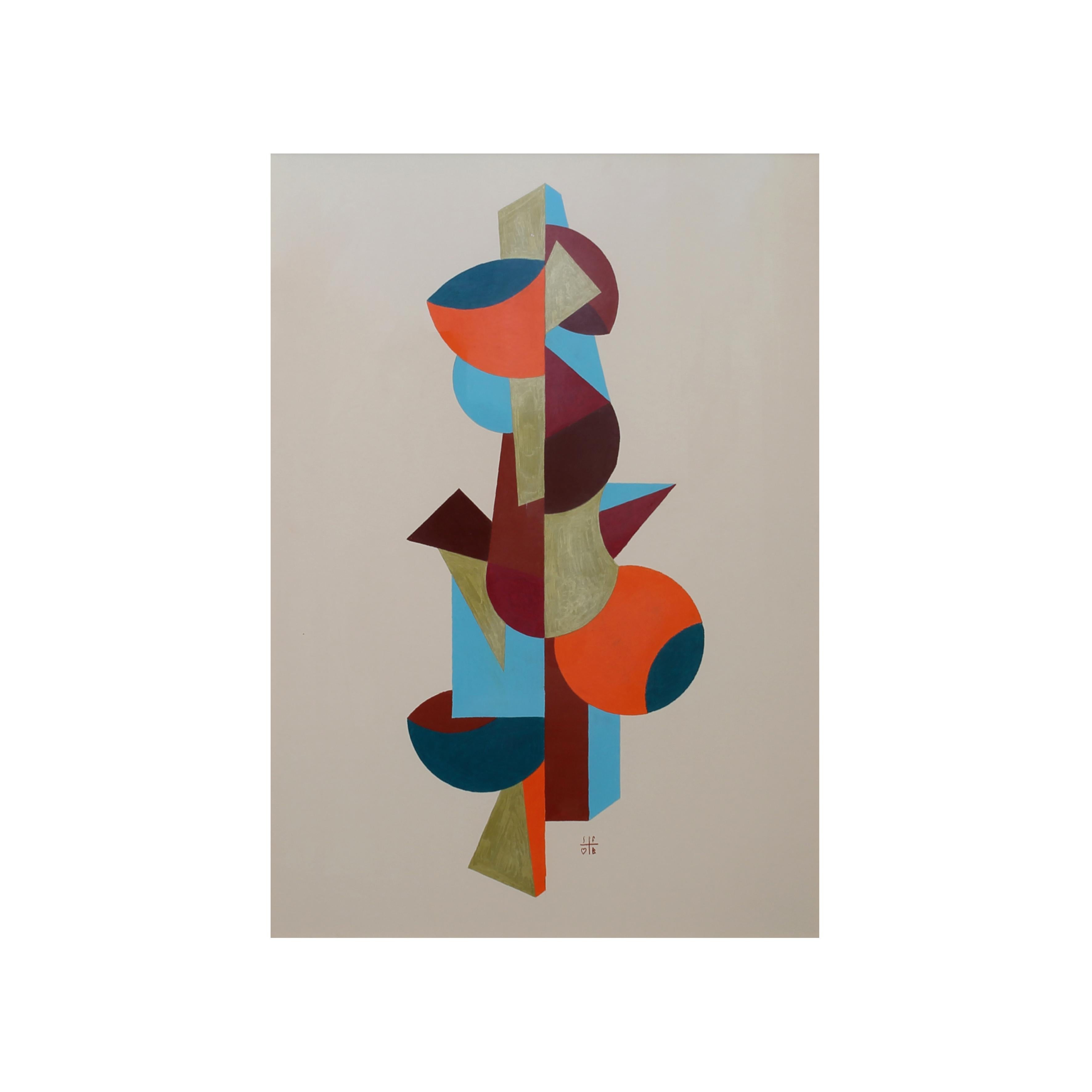 Buntes geometrisches abstraktes Gemälde mit Orange, Blau, Grün und Braun