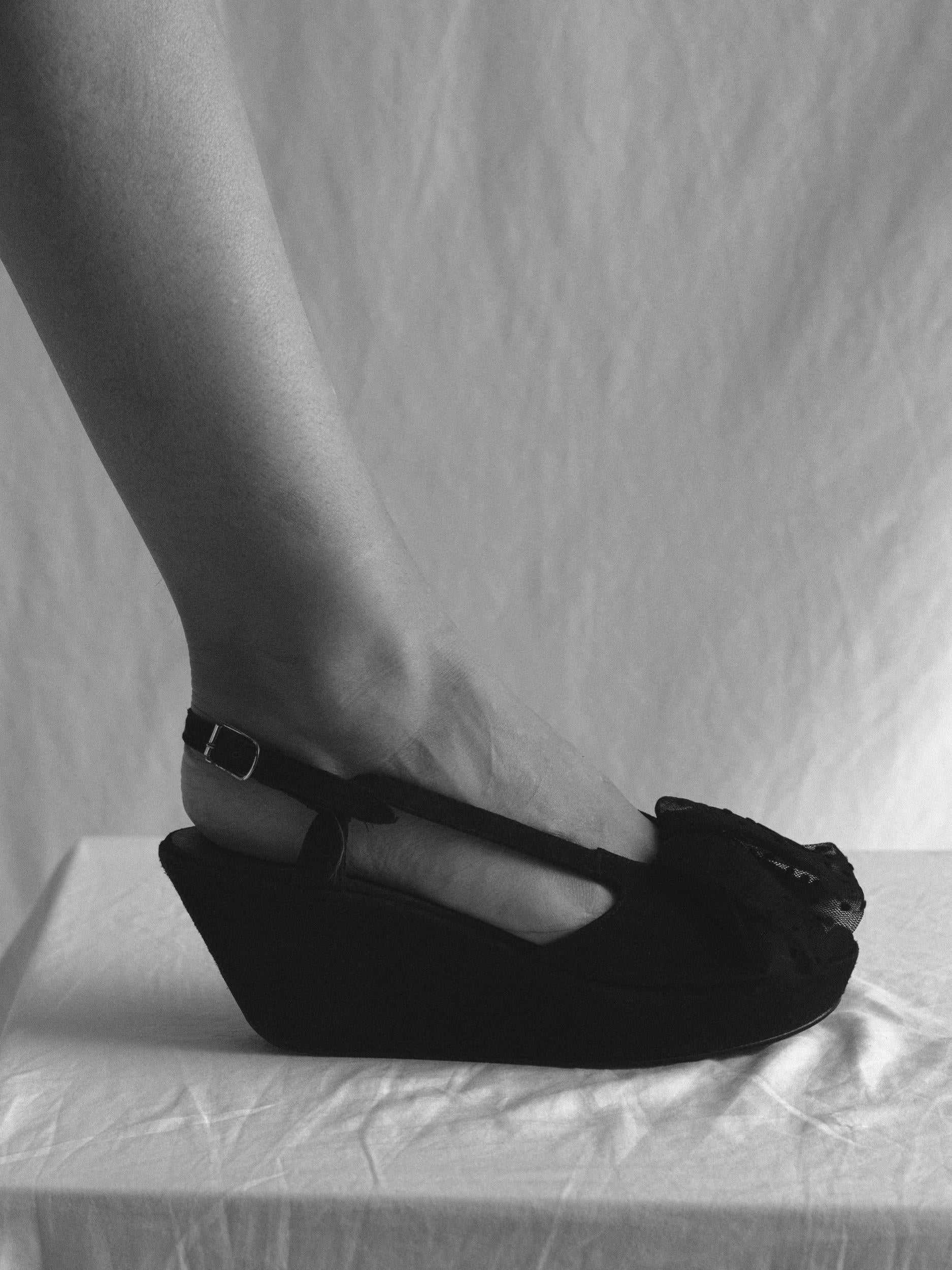 Stephane Kélian Platform Wedge
1990's
3 Inch Platform Heel 
Tulle Polka Dot Detail Covers Peep Toe 
Buckle Ankle Strap Detail
Size equivalent to US 7/7.5
Upper in great condition, soles shows moderate wear
Suede show some wear. but is deep black and