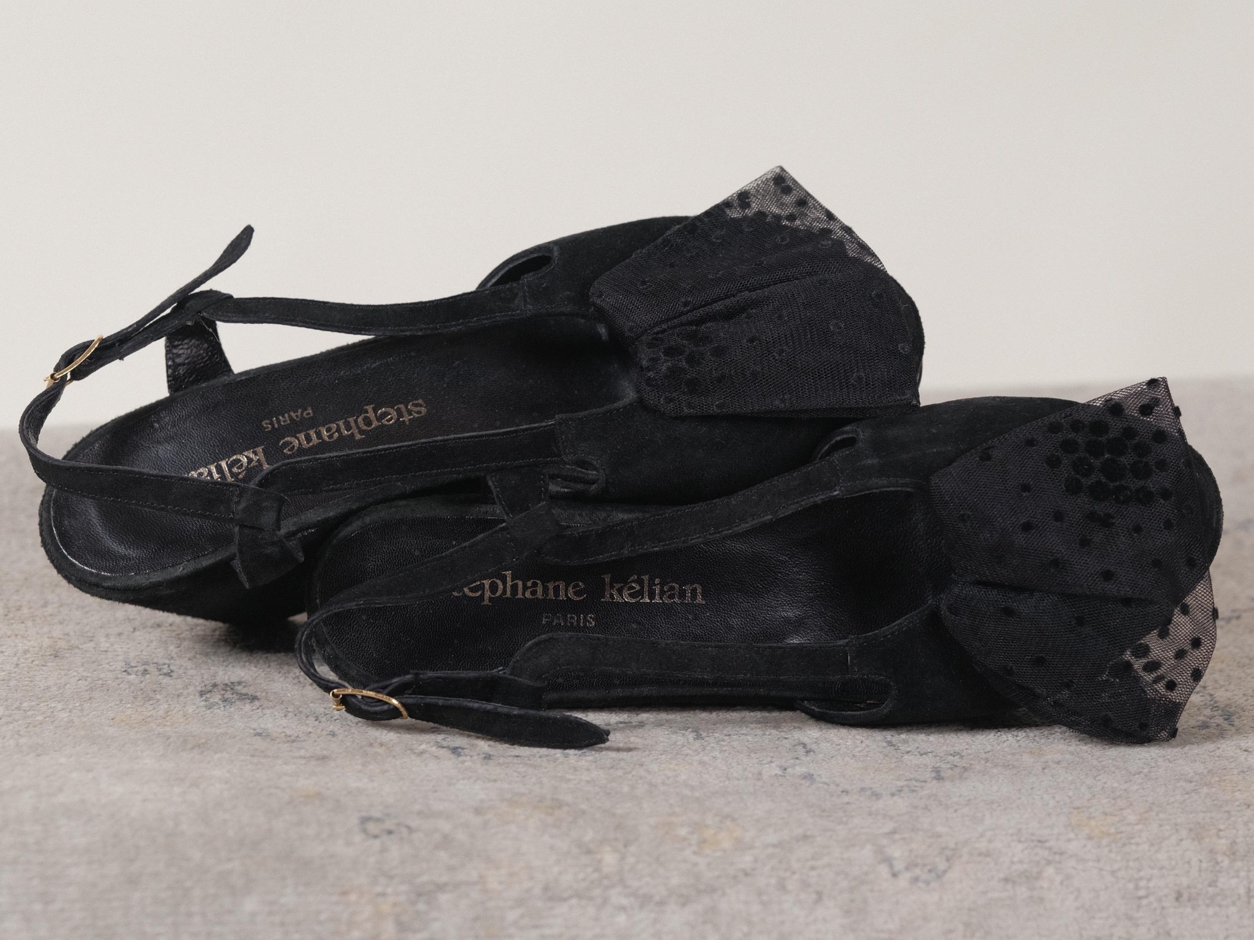 Stephane Kélian Suede 3 Inch Wedge Slingback Polka Dot Tulle Detail 1990's In Fair Condition In Los Angeles, CA