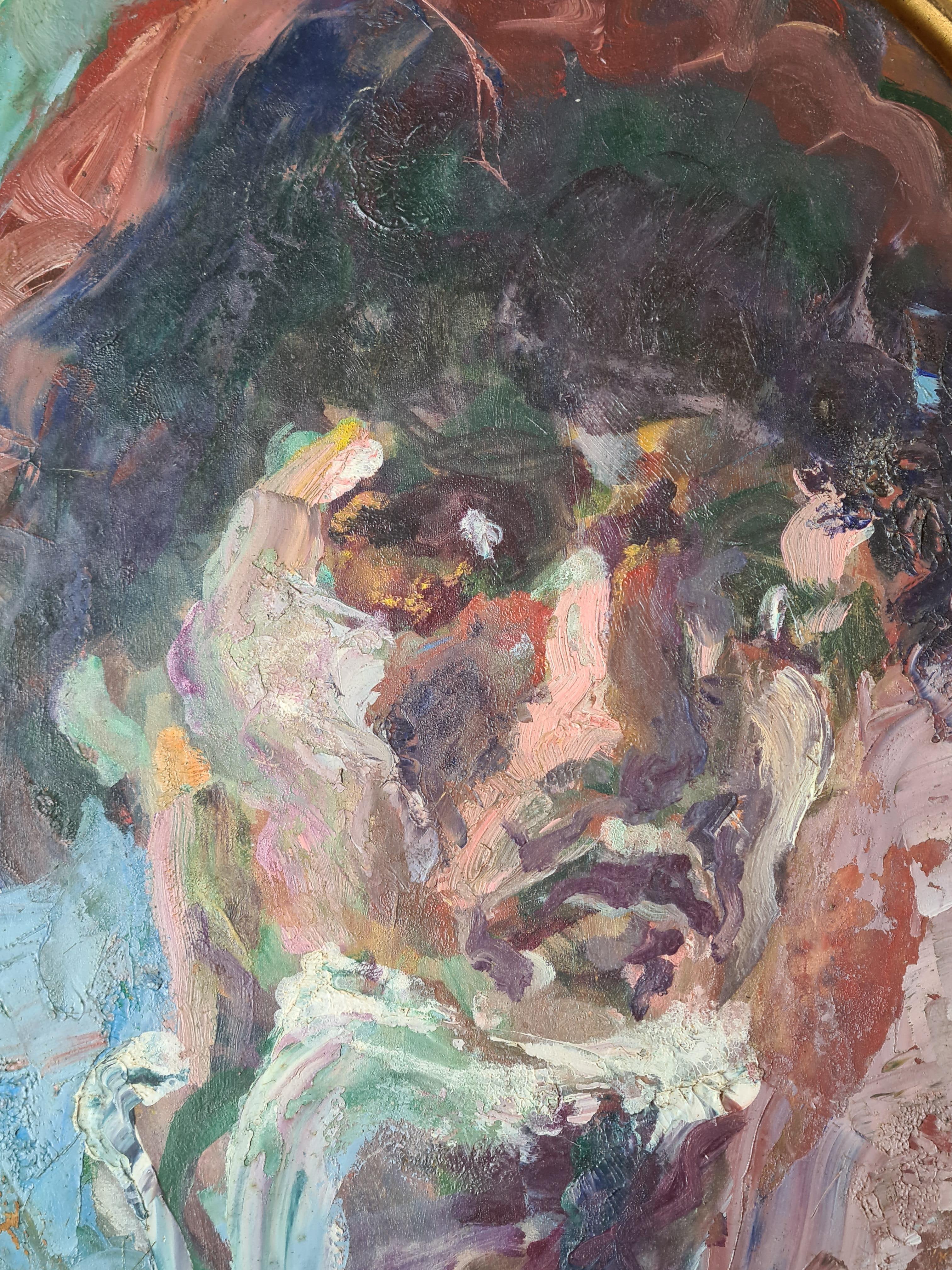 Expressionist oil on canvas self portrait of the artist Stéphane LOVIGHI-BOURGOGNE. The painting is signed bottom right and is signed and dated to the back of the canvas. Presented in a period carved and gilded oval wood frame.

A magnificent and