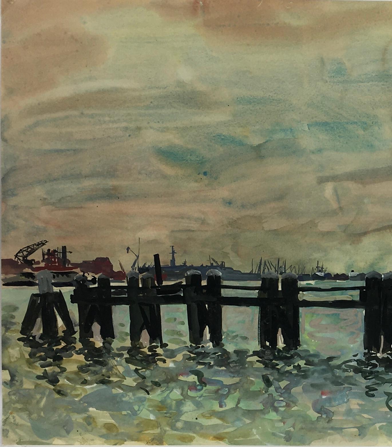 French Painting - French Harbor Pilings at Dusk - Gray Landscape Painting by Stephane Magnard