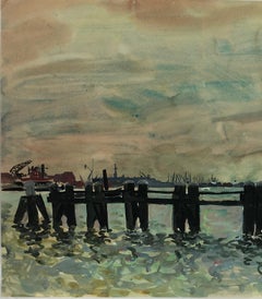 Pittura francese - Pali del porto francese al tramonto