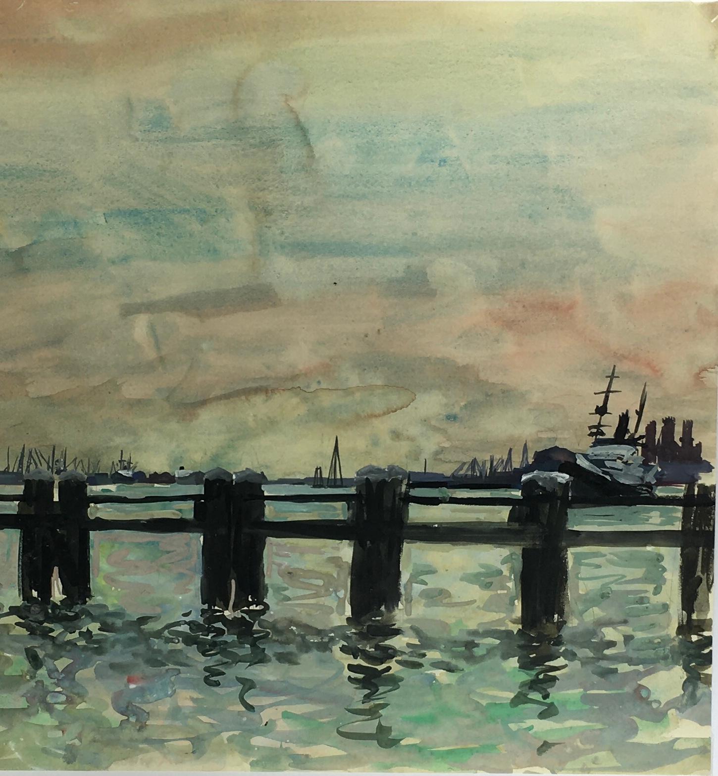Watercolor painting by Stephane Magnard of a harbor on the coast of France.   This atmospheric maritime scene captures a row of dark wooden pilings stretching across the harbor, their silhouettes reflected in the rippling water below. The background