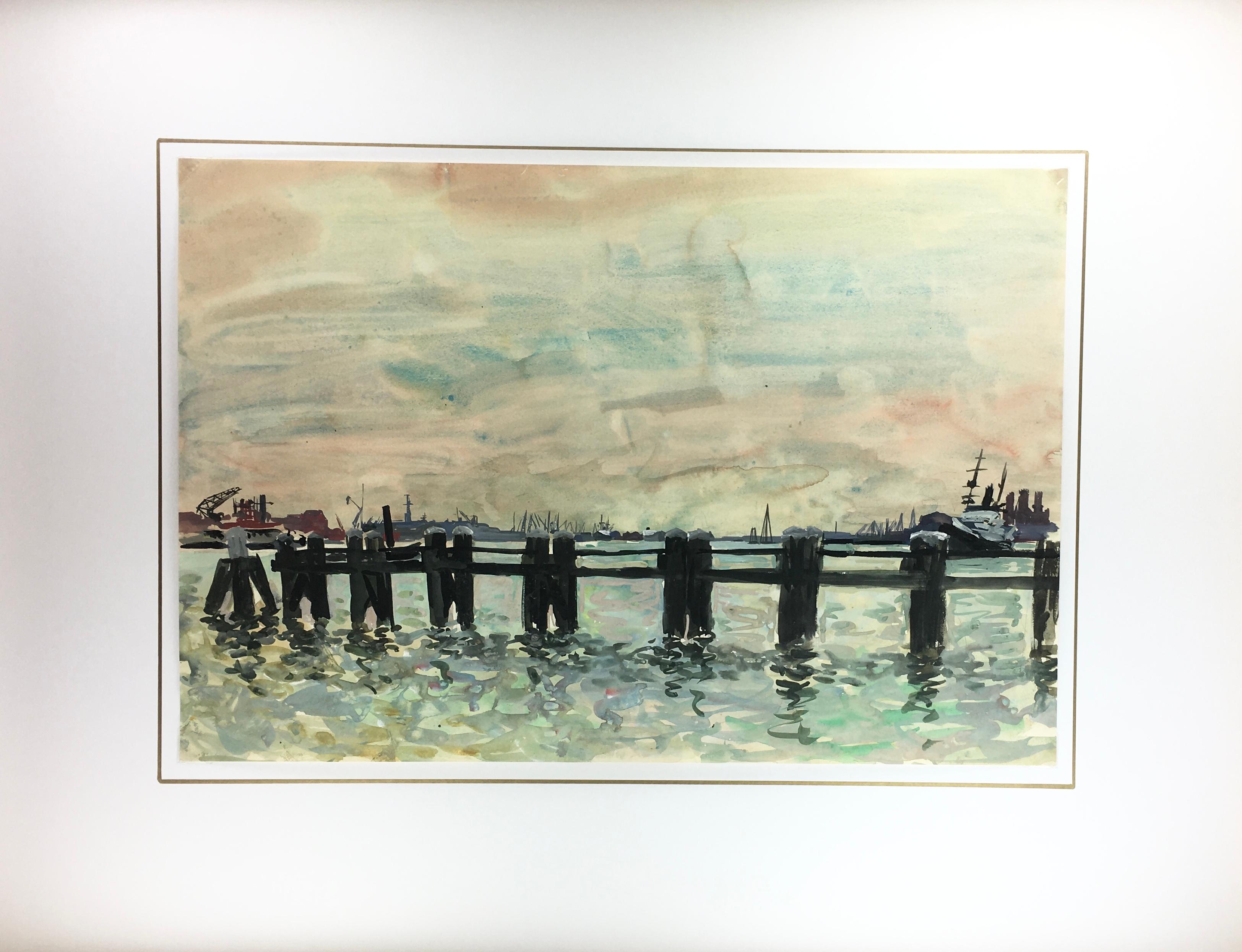 French Painting - French Harbor Pilings at Dusk For Sale 1