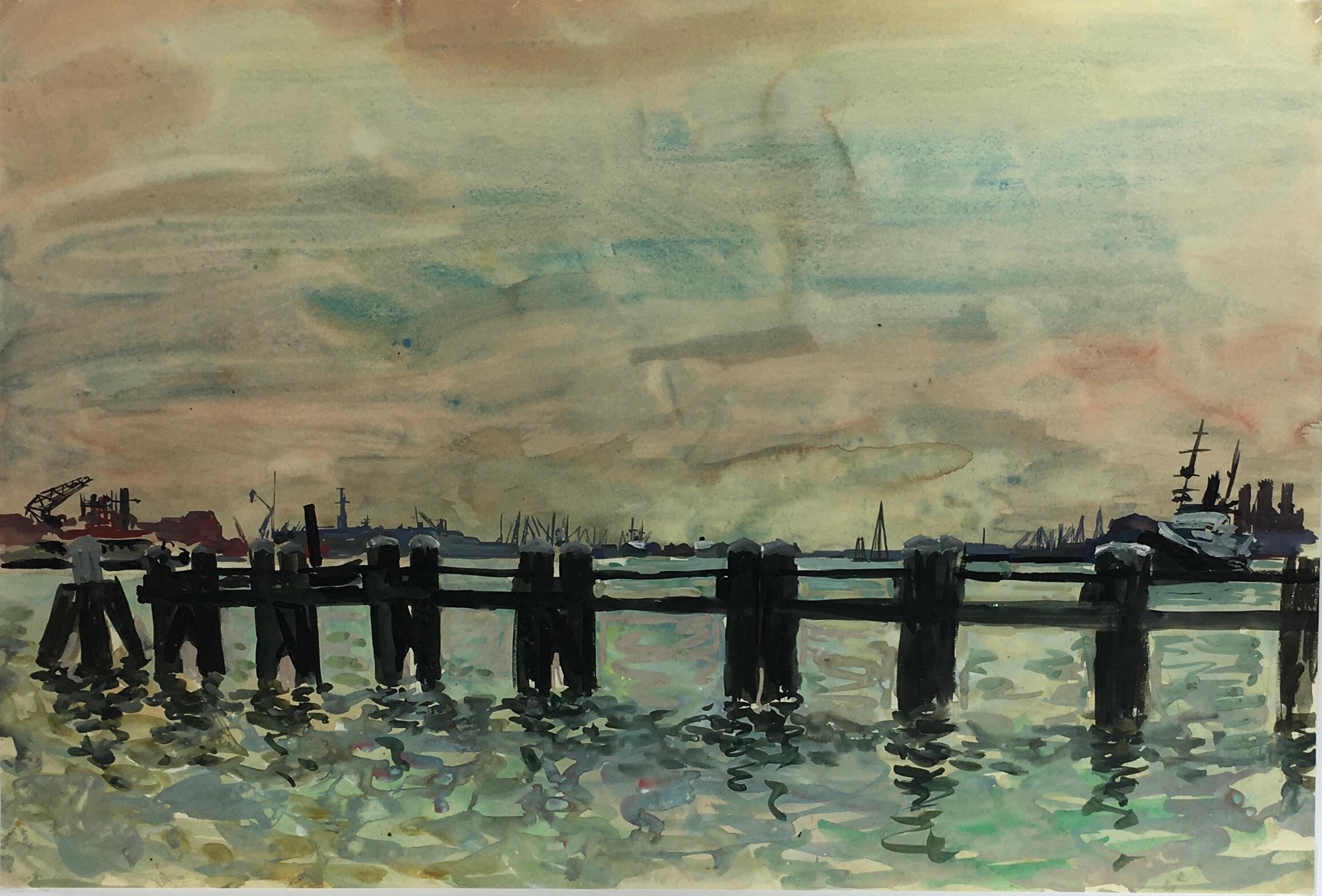 Pittura francese - Pali del porto francese al tramonto