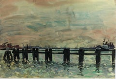 Pittura francese - Pali del porto francese al tramonto