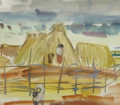 Watercolor Landscape - Scene of Workers and Family on a Farm