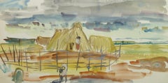 Watercolor Landscape - Scene of Workers and Family on a Farm