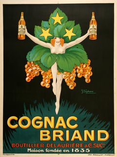 Cartel original de Coñac Briand por Stéphane c1925 Mujer con botellas en la mano
