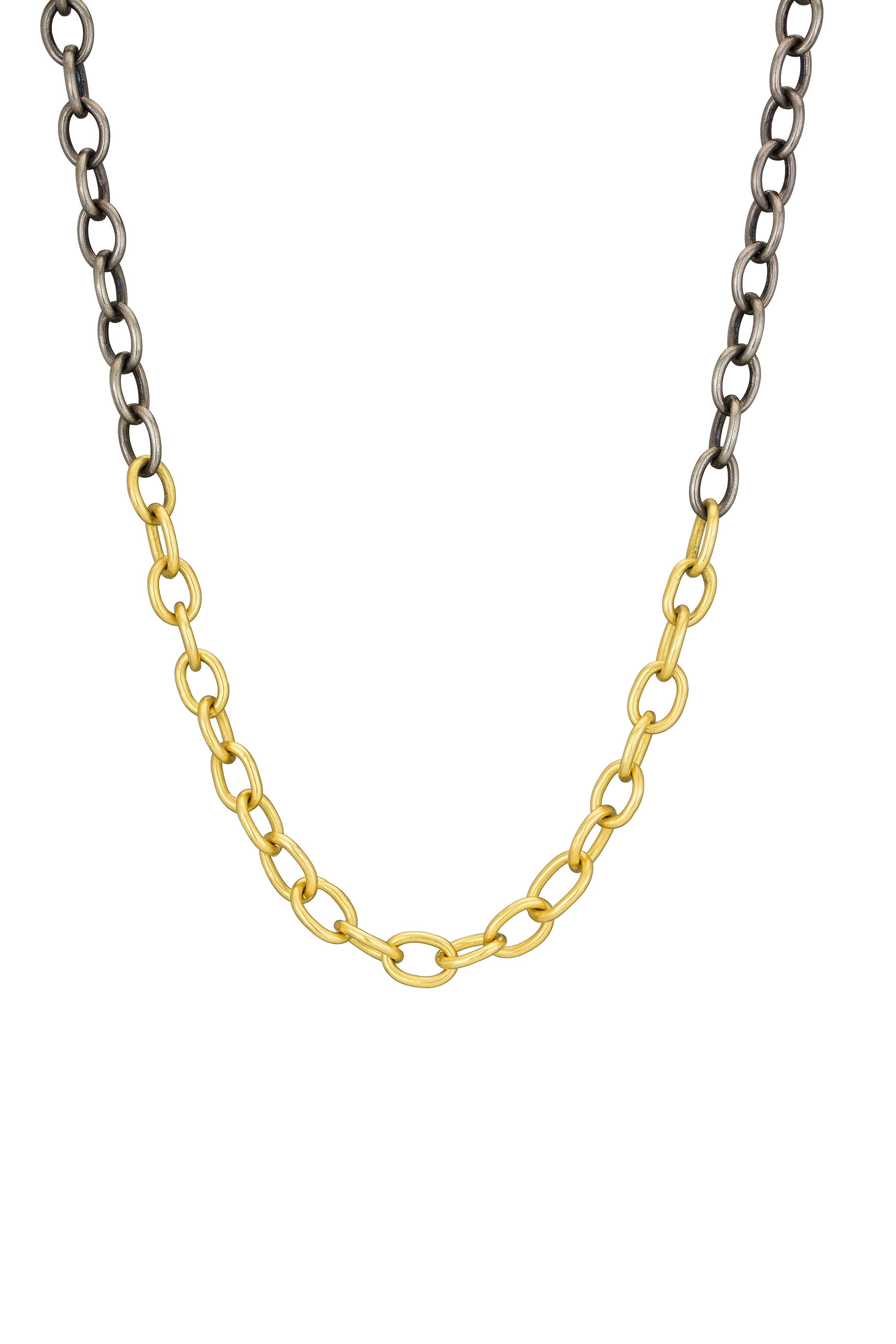 Stephanie Albertson handcrafted 22K gold, rhodium blackened silver oval link chain. Our best selling mixed metal chain is a must have in your jewelry wardrobe. At 34