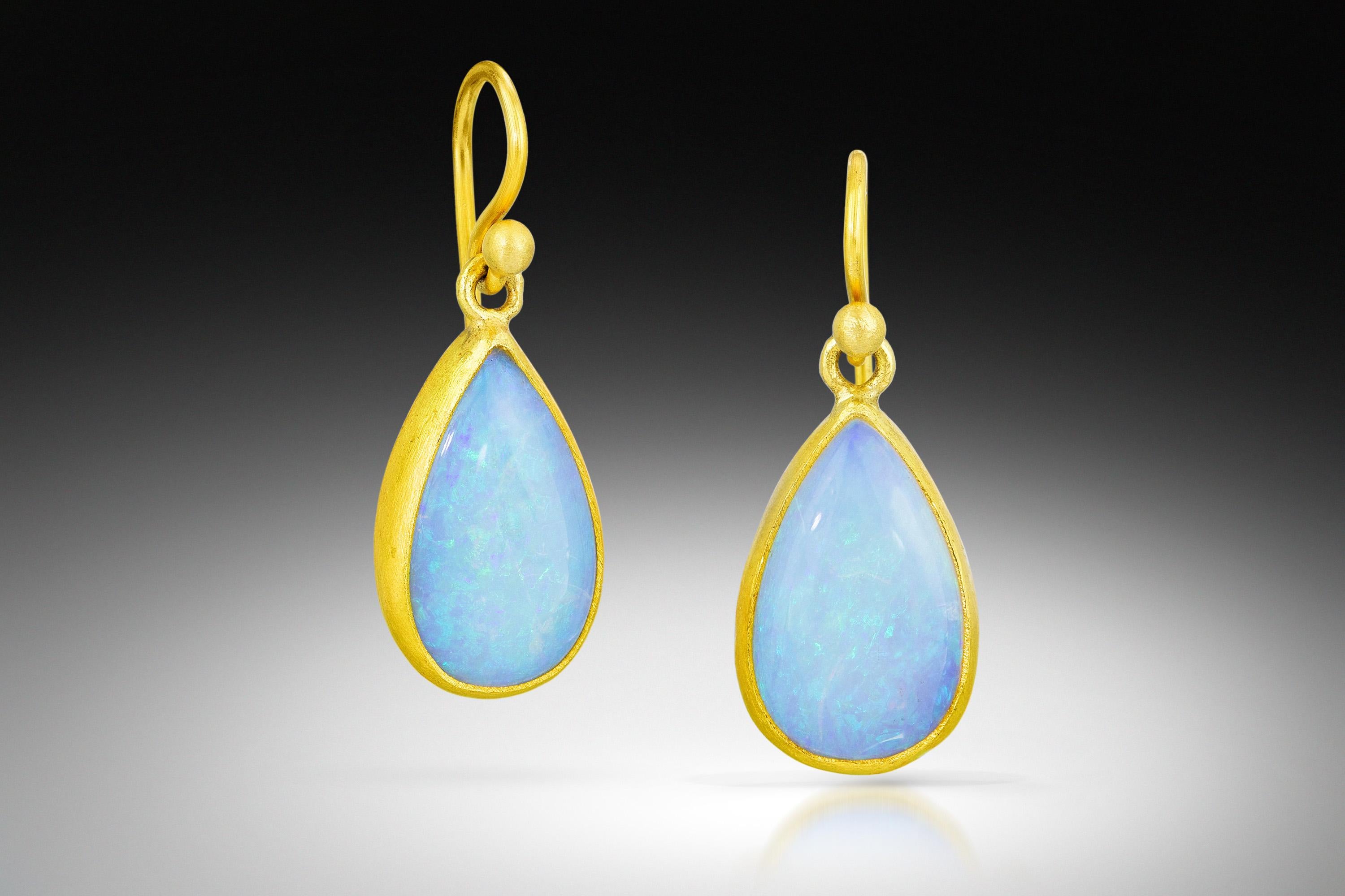 Stephanie Albertson handcrafted 22K gold & Australian opal earrings. A perfectly matched pair of stunning Australian pear shaped cabochon opals bezel set in Stephanie's signature matte-satin 22K gold, hanging from a delicate French earwire. Stamped