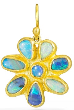 Stephanie Albertson Boulder Opal, 22 Karat Gold Blue Green Flower Earring