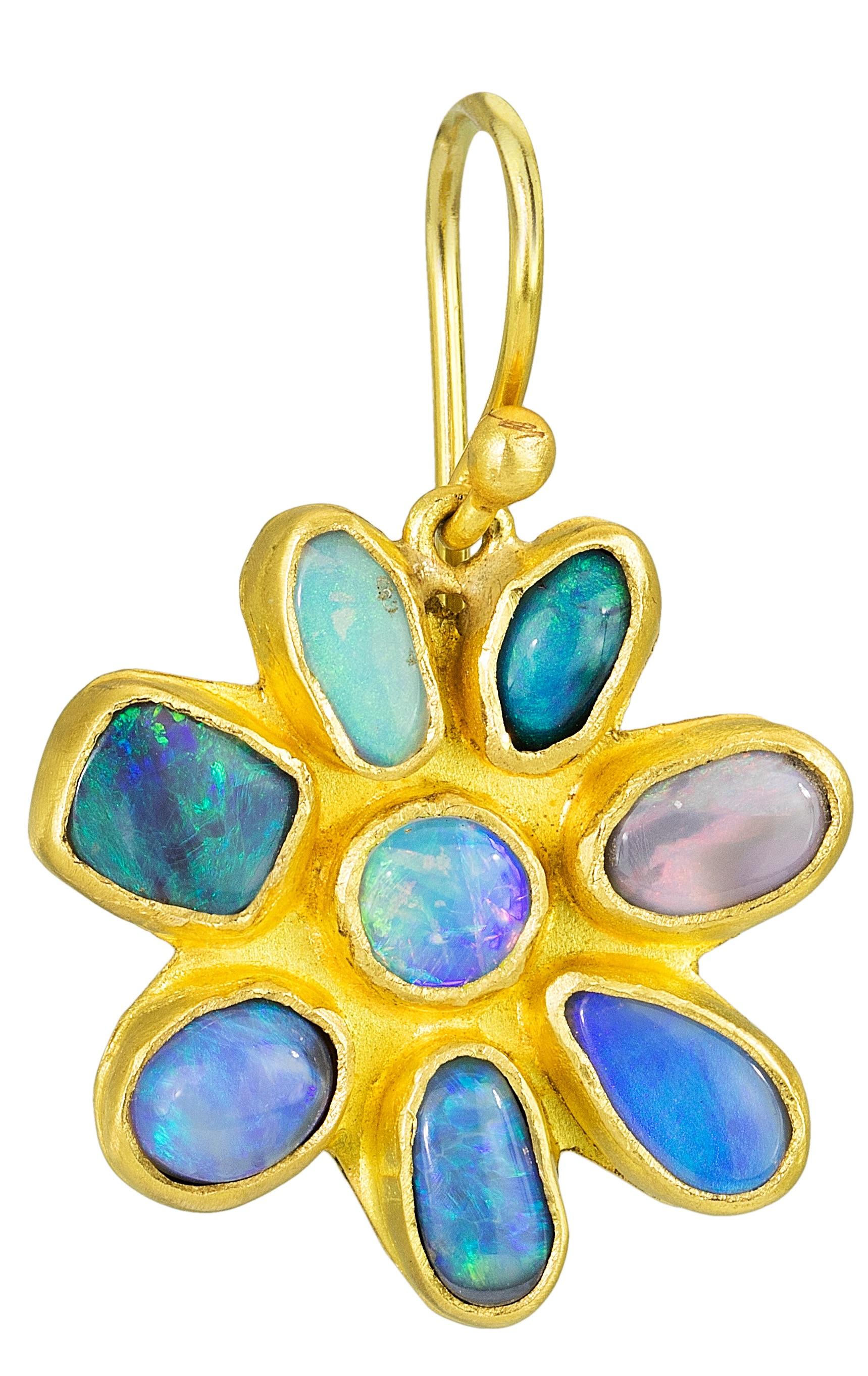 Artisan Stephanie Albertson Boulder Opal, 22 Karat Gold Blue Green Flower Earring For Sale