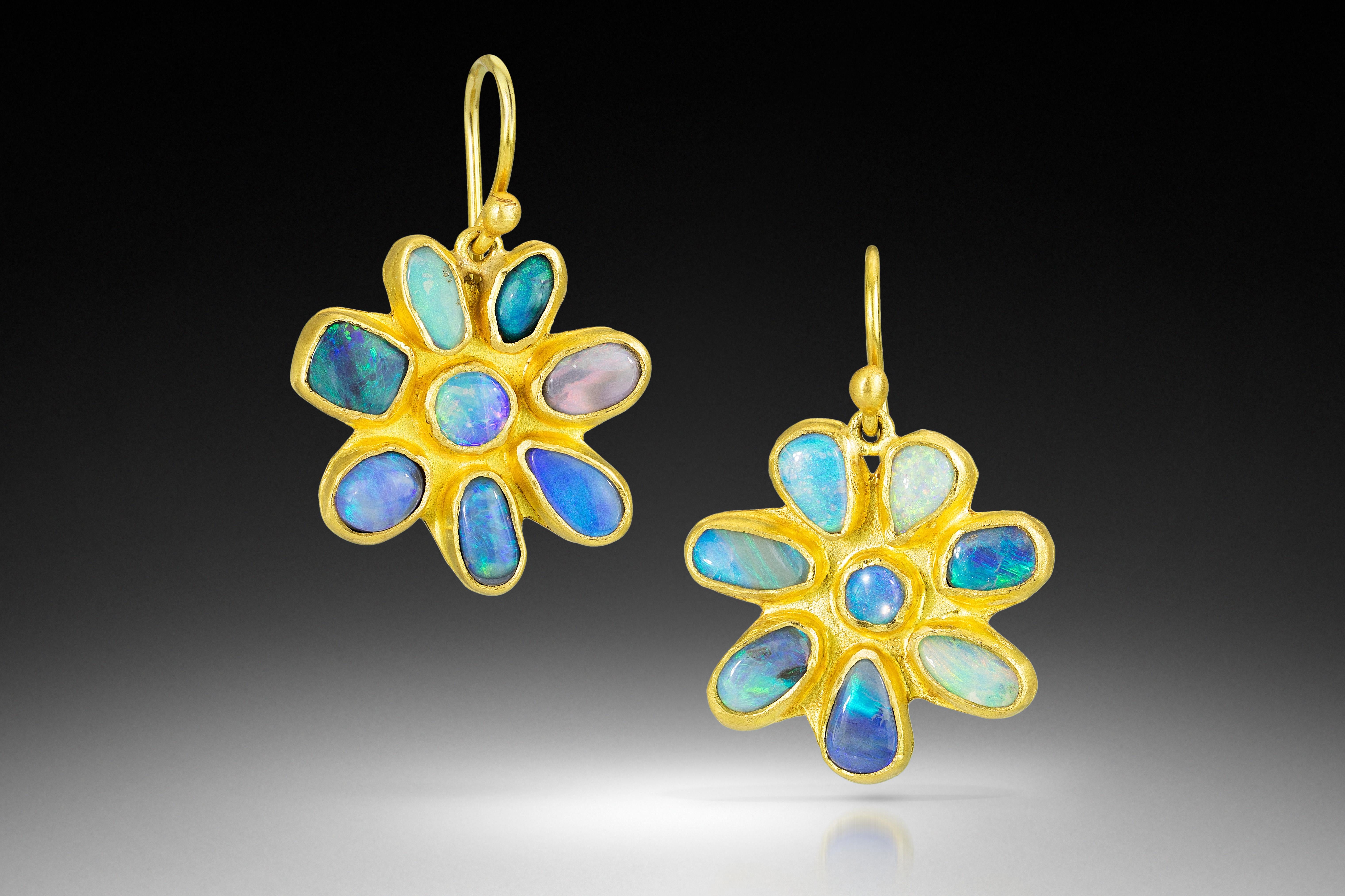 Stephanie Albertson Boulder Opal, 22 Karat Gold Blue Green Flower Earring In New Condition For Sale In New York, NY