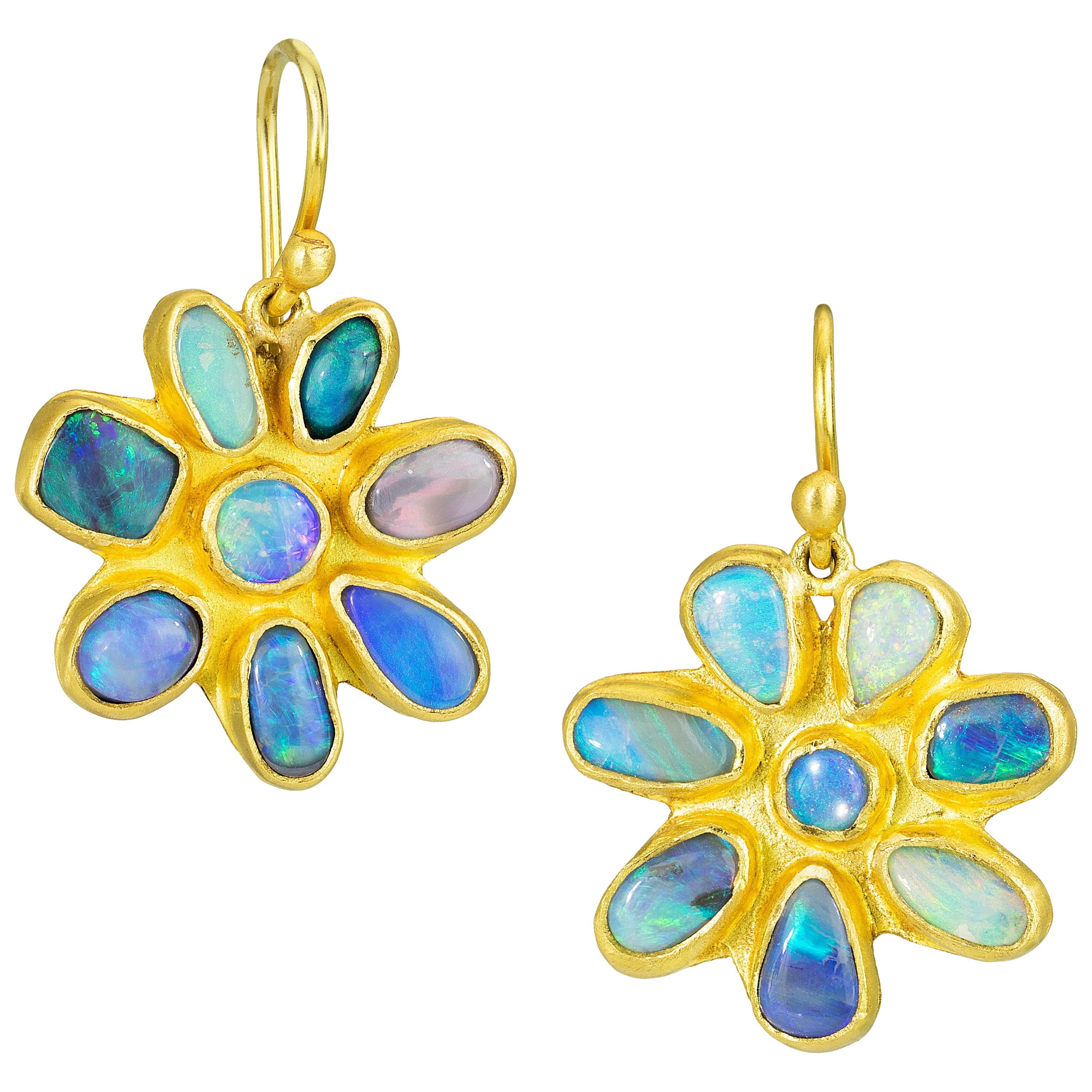 Stephanie Albertson Boulder Opal, 22 Karat Gold Blue Green Flower Earring For Sale