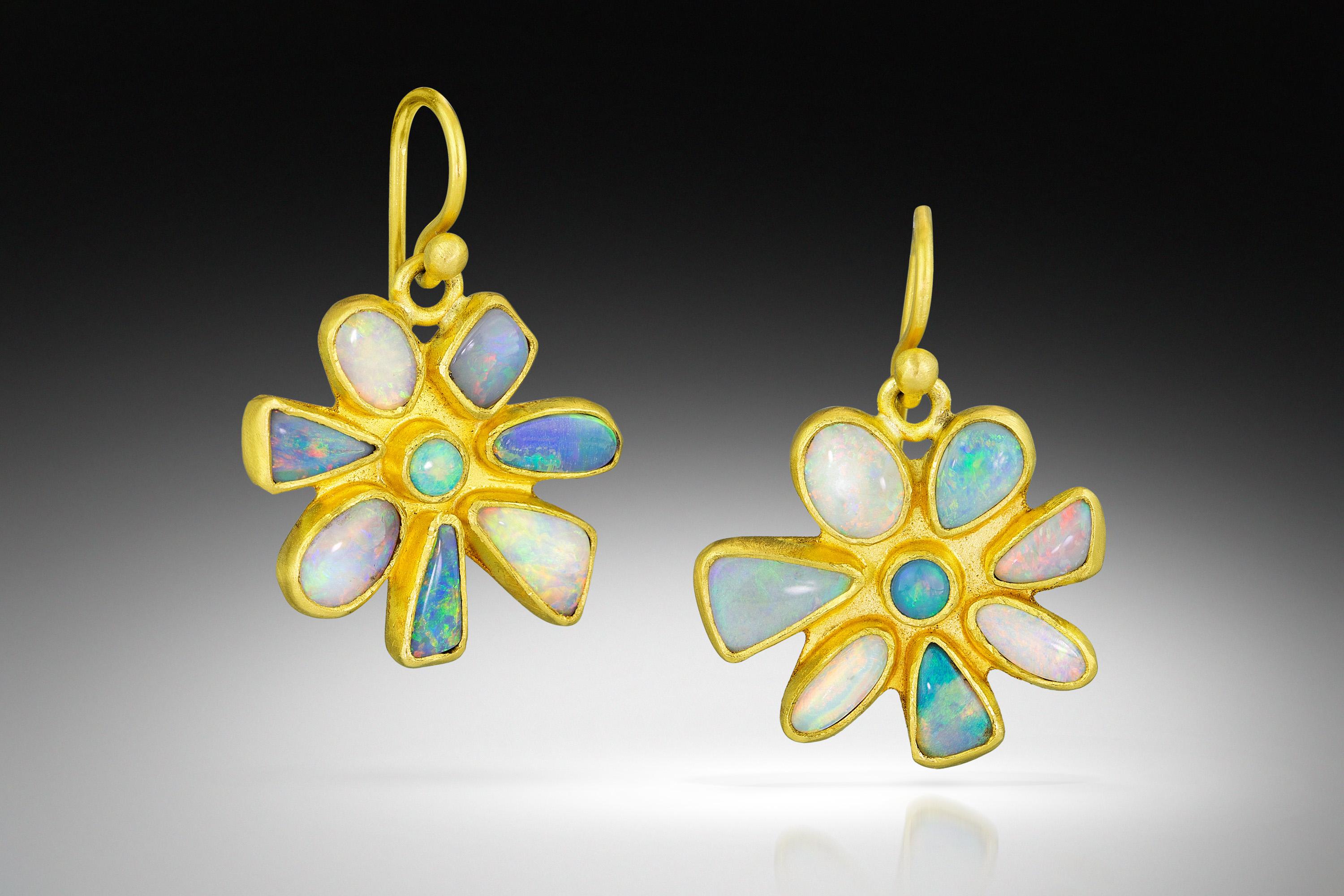 One of a kind handcrafted opal Molten Flower earrings by jewelry designer Stephanie Albertson featuring matte-satin finished 22K gold and mix of freeform, oval, round and pear shape cabochon Australian crystal opals in shades of light blue, green,