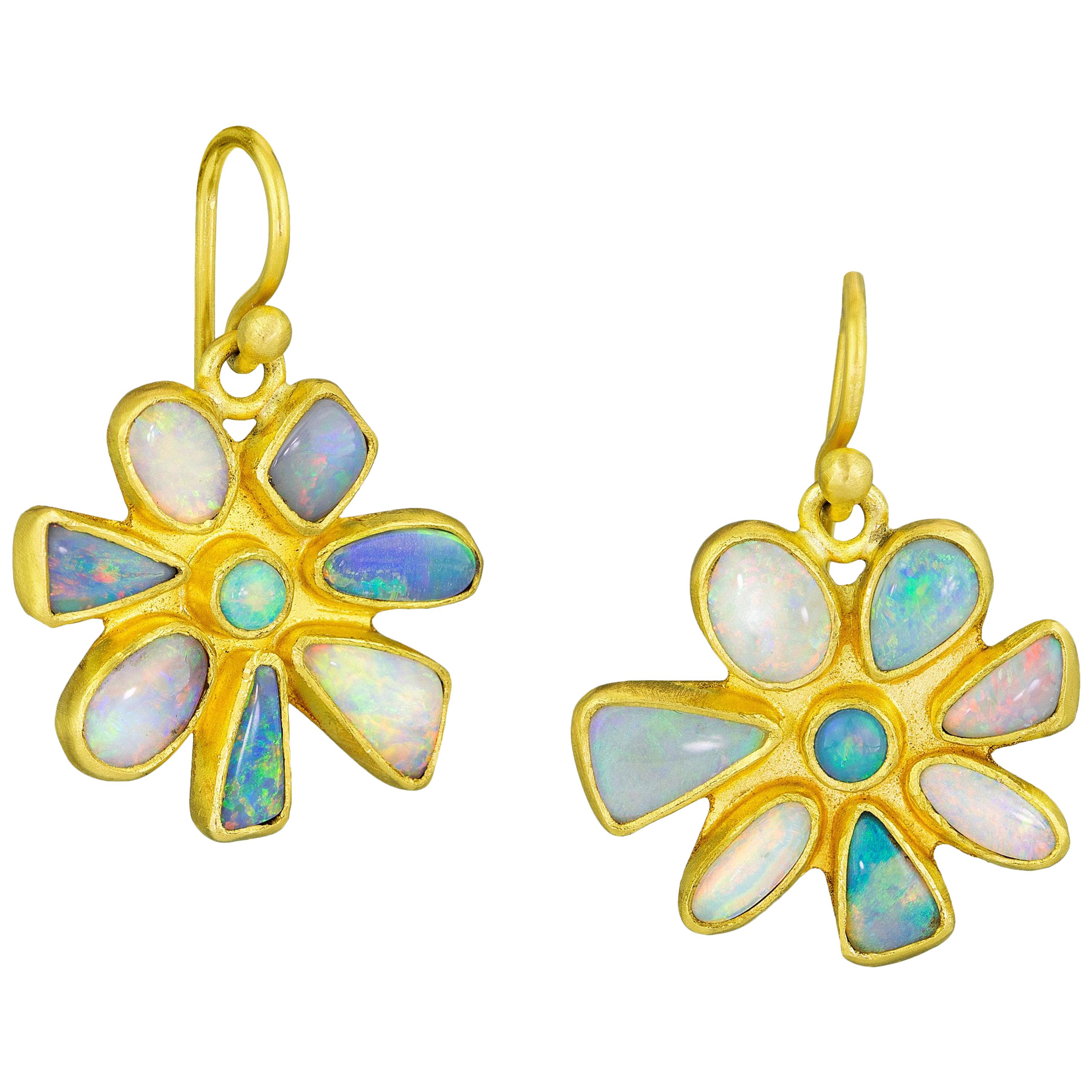 Stephanie Albertson Boulder Opal, 22 Karat Gold Blue Neutral Flower Earring For Sale
