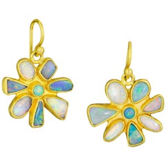 Stephanie Albertson Boulder Opal, 22 Karat Gold Blue Neutral Flower Earring