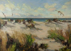 Grande peinture à l'huile de paysage de plage encadrée de Stephanie Amato 