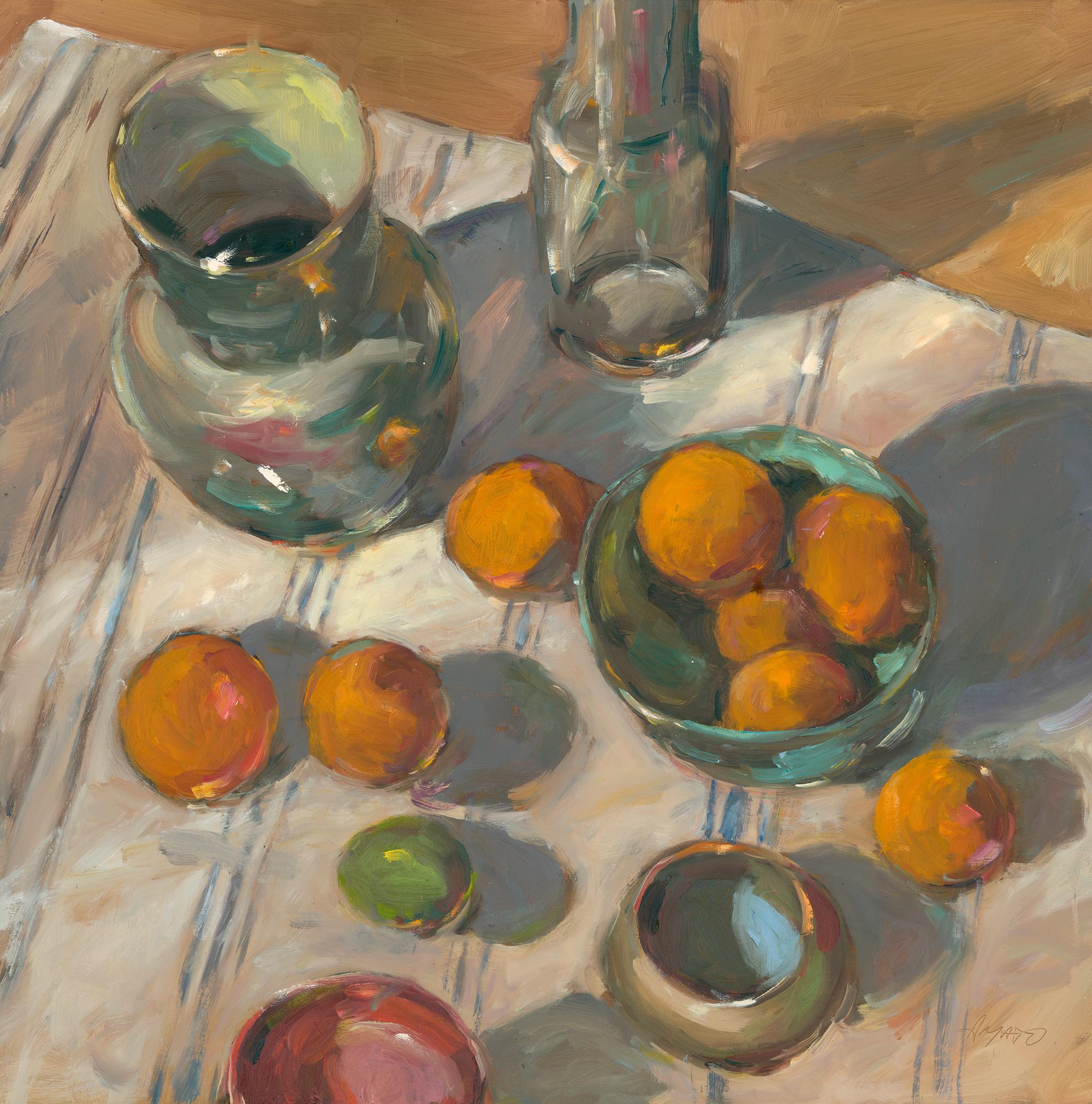 Morning Table: Contemporary Citrus and Glass Still Life Oil Painting
