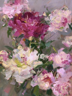 Peonías Gloria by Stephanie Amato, Pintura al óleo floral enmarcada, Verde, Rosa