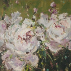 Raspberry Sundae by Stephanie Amato, Large Floral Oil Painting, Green, Pink